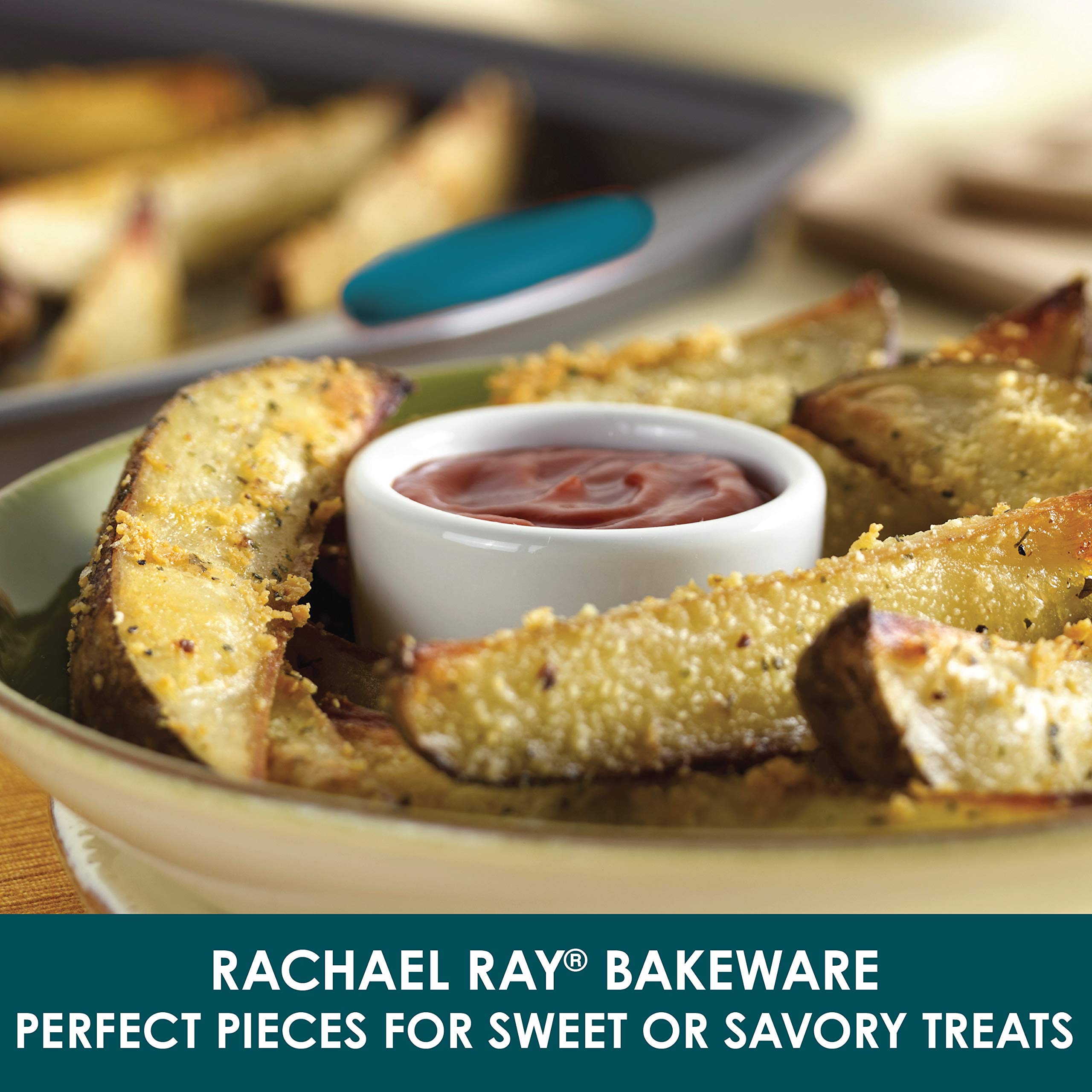 Rachael Ray Cucina Bakeware Set Includes Nonstick Cake Cookie Baking Sheet and Muffin Cupcake Pan, 4 Piece, Latte Brown with Agave Blue Grips