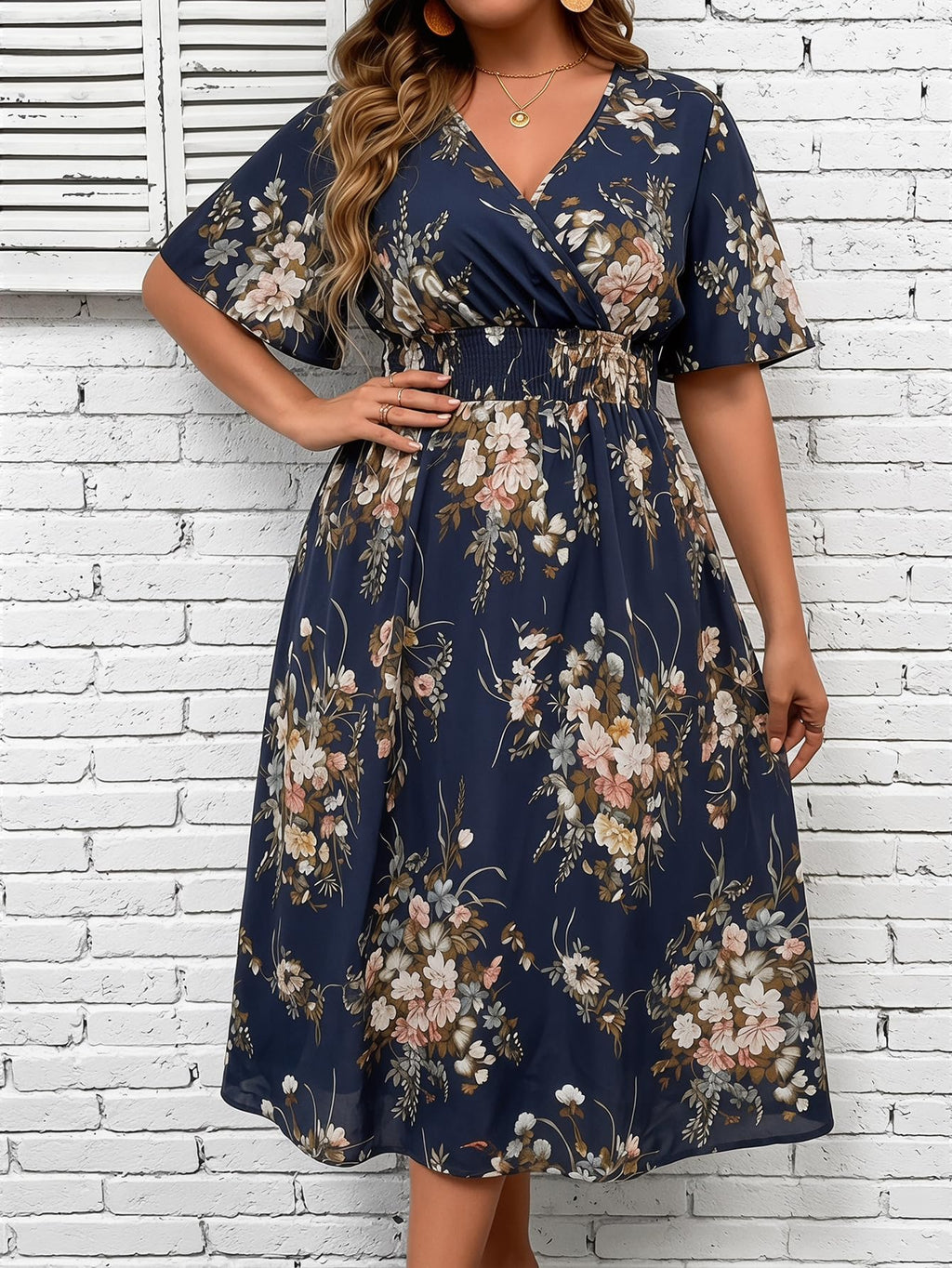 Floerns Women's Plus Size Boho Hawaiian Tropical Dresses V Neck Short Sleeve Floral A Line Long Dress Vacation Beach Outfits