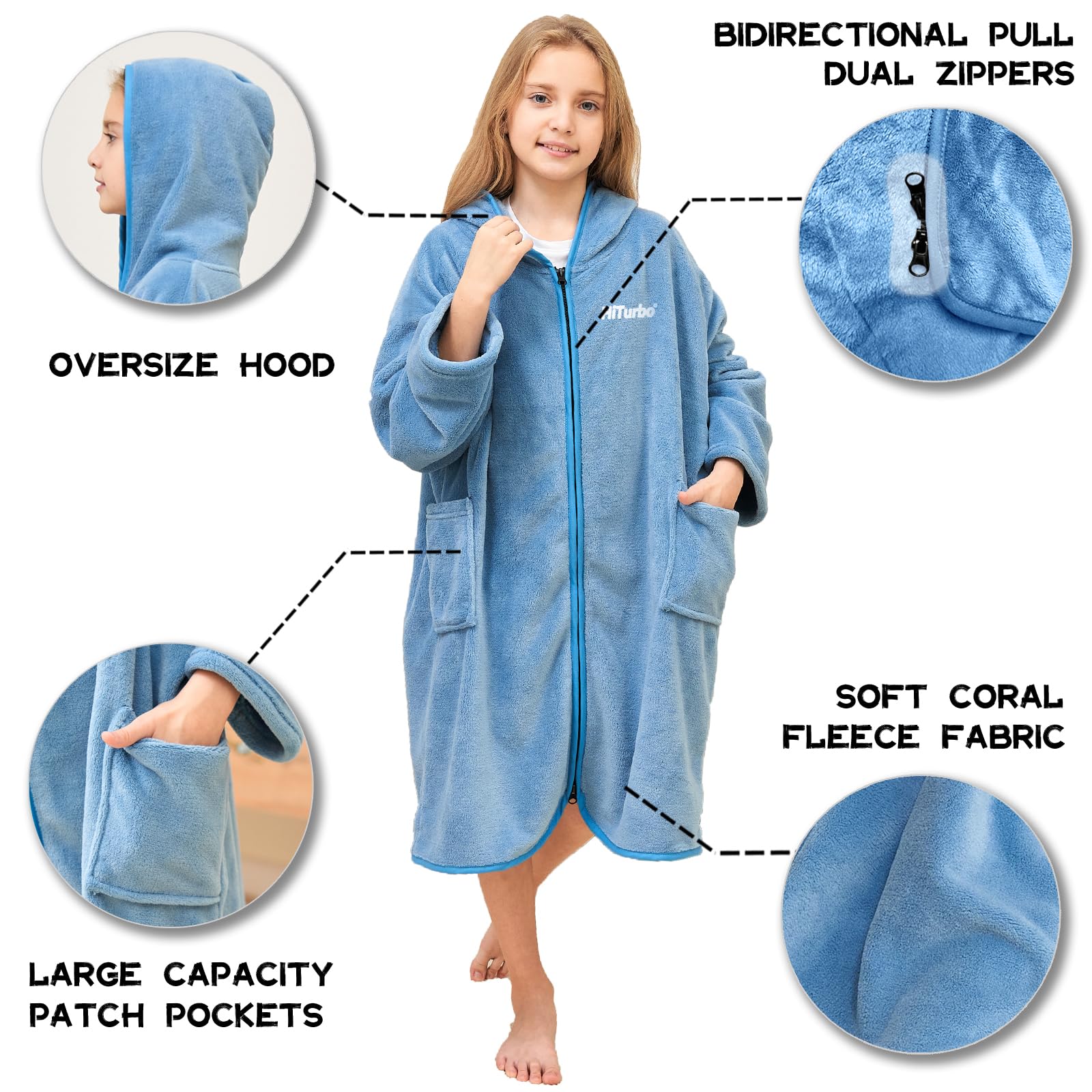 Hiturbo Kids Bath Towel Hoodie: Soft Plush Zipper Surf Poncho - Warm Fleece Changing Towels Swimming Outerwear (Blue)