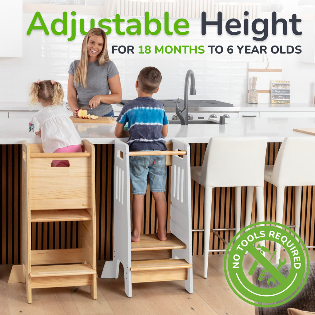 OCODILE Toddler Tower with a Sliding Door and 3 Adjustable Heights - Safe Toddler Kitchen Step Helper with Support Feet - Updated Design for 18+ Months to 6-Year-Old Kids - Gray