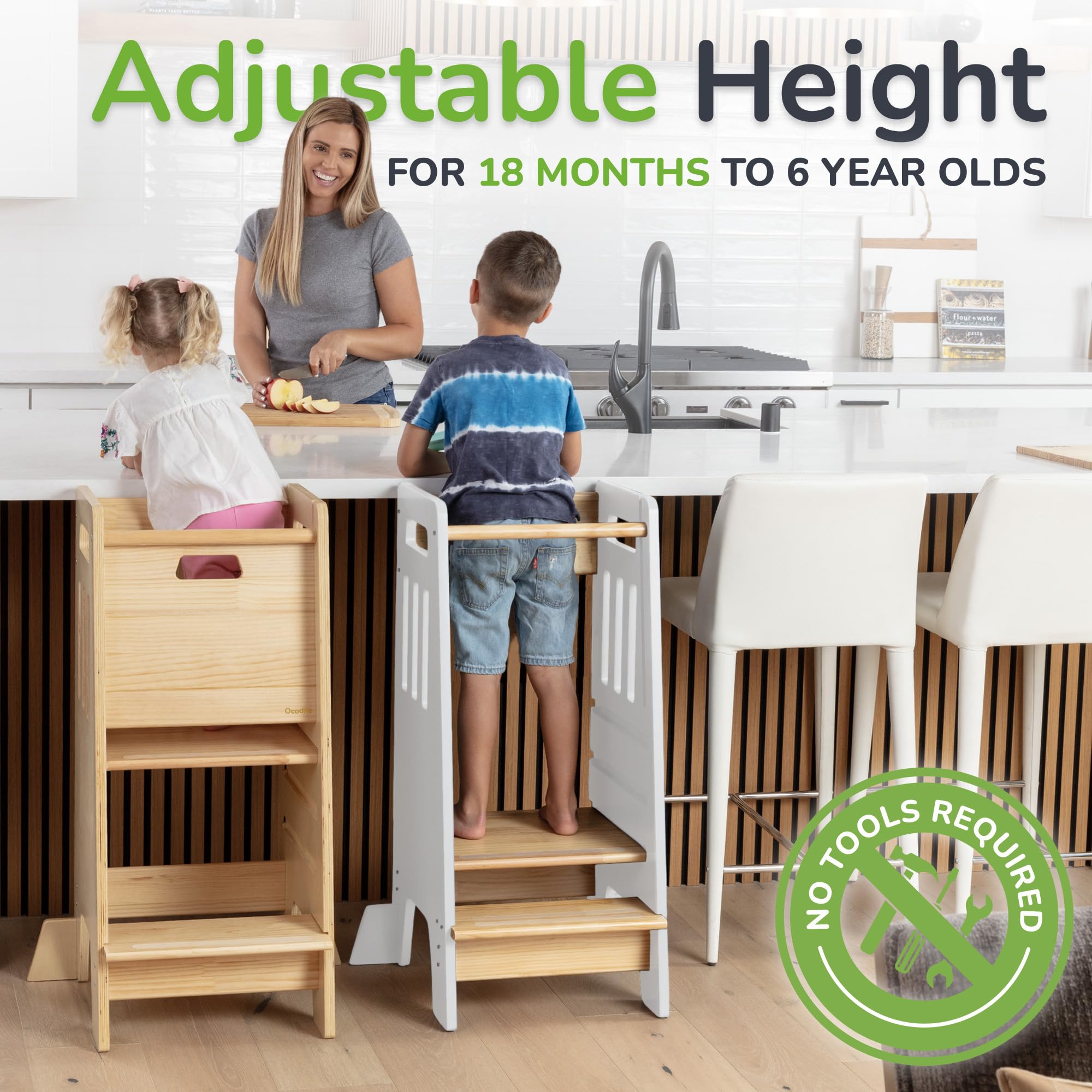 OCODILE Toddler Tower with a Sliding Door and 3 Adjustable Heights - Safe Toddler Kitchen Step Helper with Support Feet - Updated Design for 18+ Months to 6-Year-Old Kids - Gray