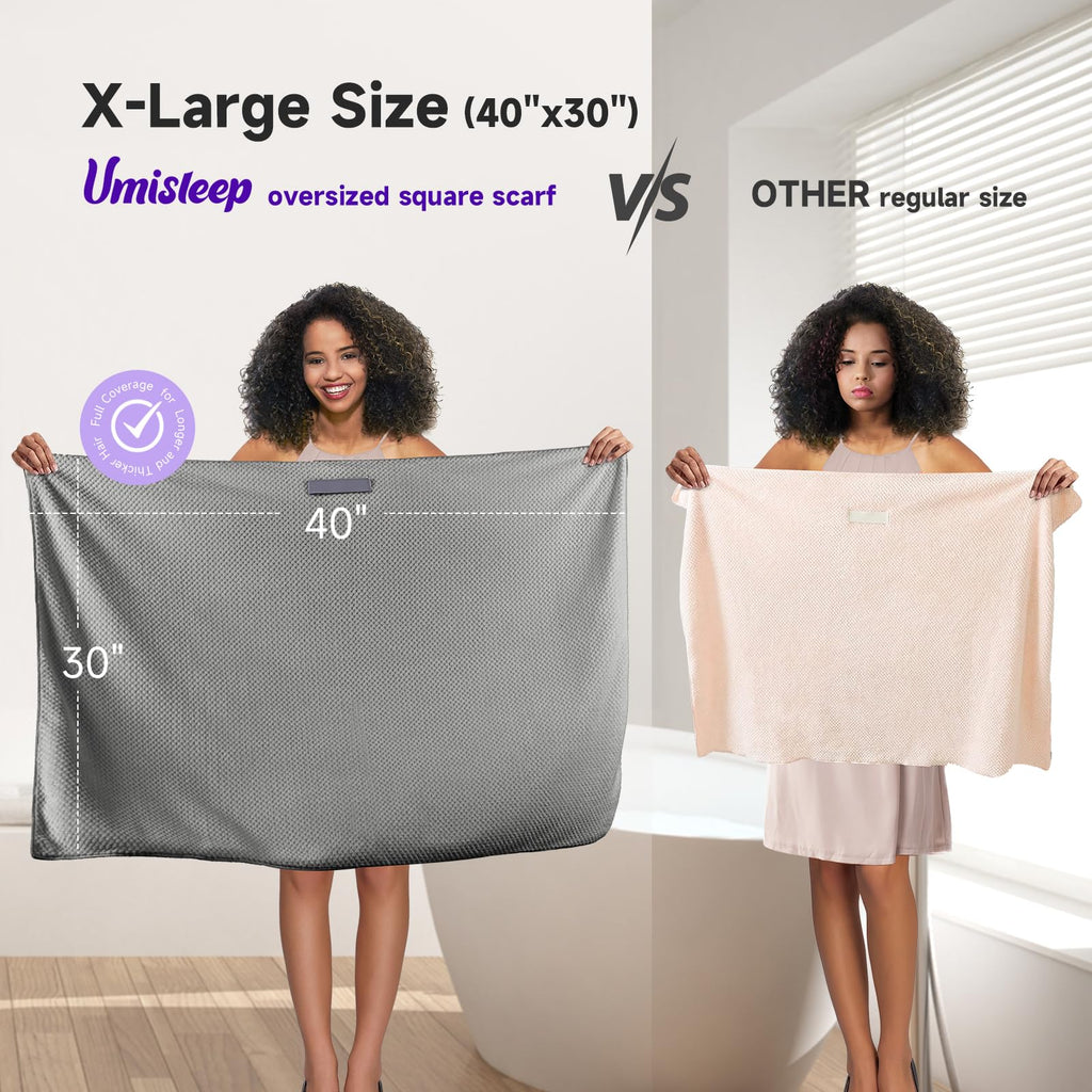 Umisleep Extra Large Microfiber Hair Towel for Women Long, Curly, Thick Hair, Super Soft Anti Frizz Quick Dry Hair Towel Wrap, Ultra Absorbent Hair Turban with Elastic Band Grey