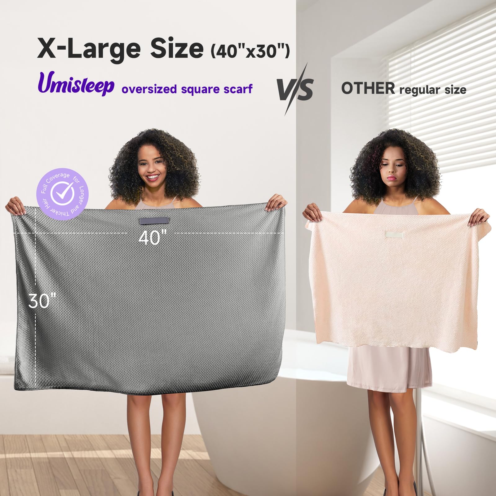 Umisleep Extra Large Microfiber Hair Towel for Women Long, Curly, Thick Hair, Super Soft Anti Frizz Quick Dry Hair Towel Wrap, Ultra Absorbent Hair Turban with Elastic Band Grey