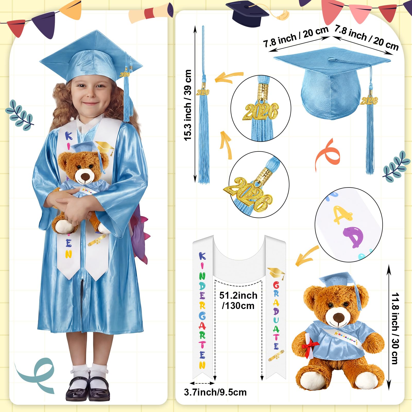 Sintuff 7 Pcs Kindergarten Preschool Graduation Cap and Gown with Bear Gifts 2026 Grad Stole Tassel Sash for Toddler Kids