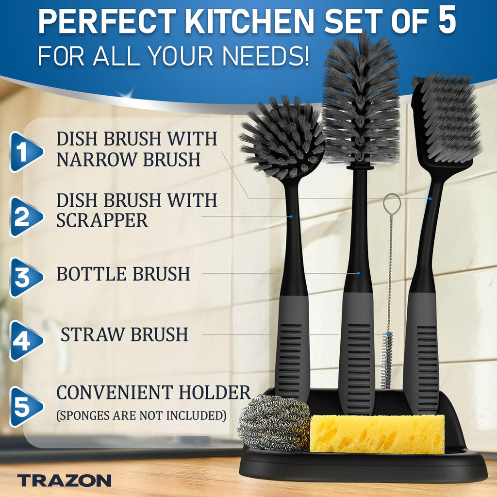 Dish Brush Set of 5 with Holder - Kitchen Scrub Brushes with Non-Slip Long Handle for Cleaning, Scrubber, Dishwashing, Dishes, Bottles, Straws, Cups, Pots & Sink, Baige
