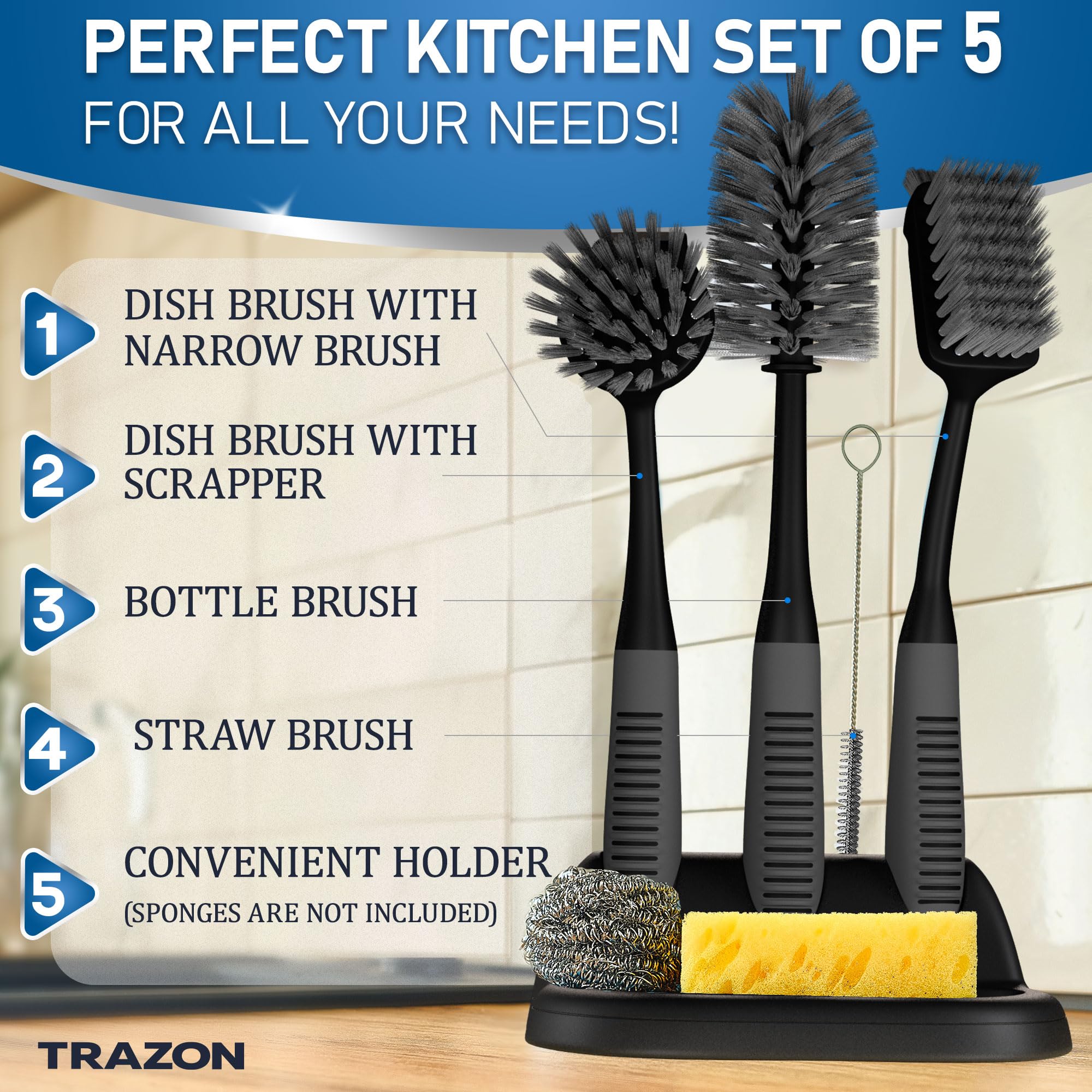 Dish Brush Set of 5 with Holder - Kitchen Scrub Brushes with Non-Slip Long Handle for Cleaning, Scrubber, Dishwashing, Dishes, Bottles, Straws, Cups, Pots & Sink, Baige