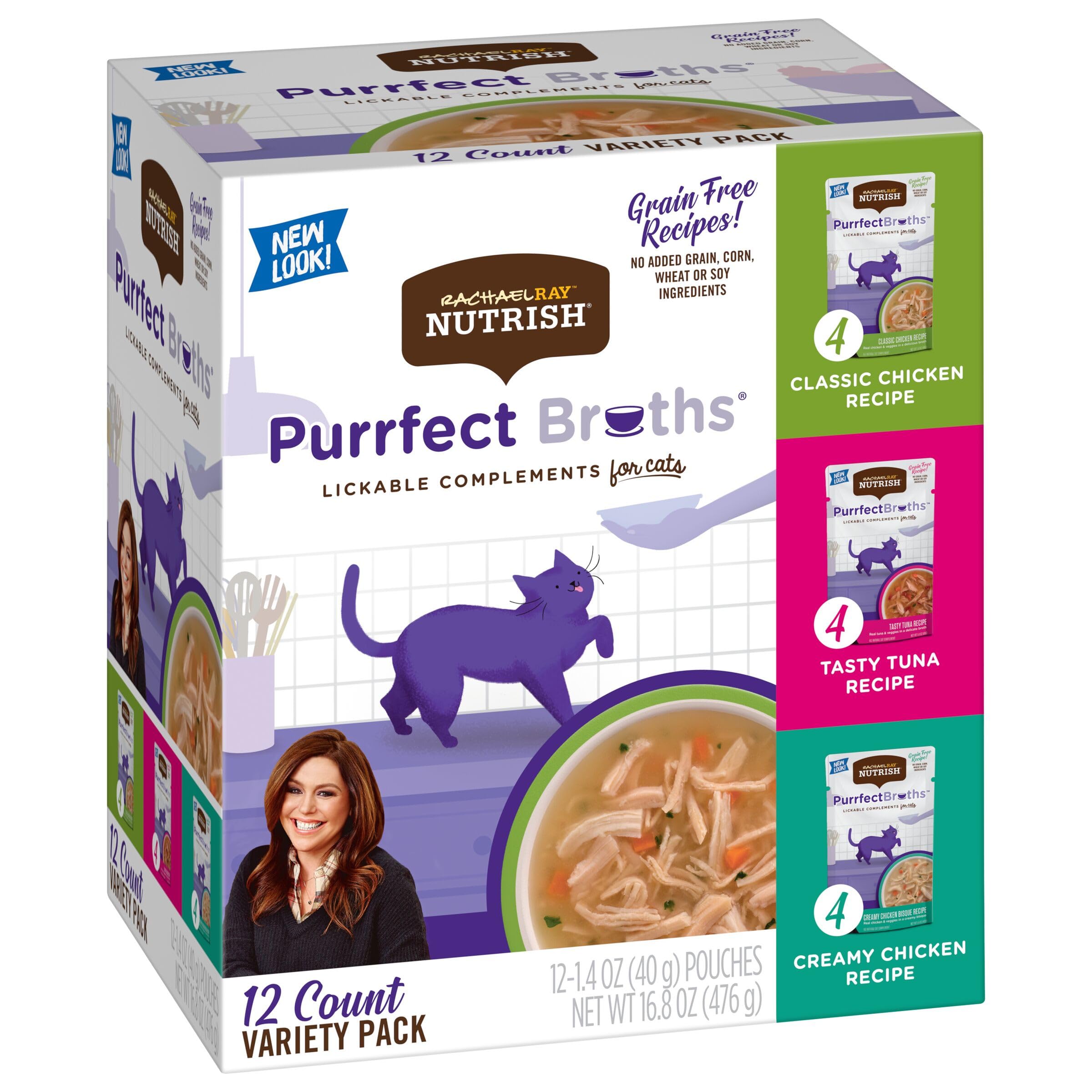 Nutrish Rachael Ray Purrfect Broths Classic Chicken Recipe, Lickable Complements for Cats, 1.4 oz. Pouch, 24 Count