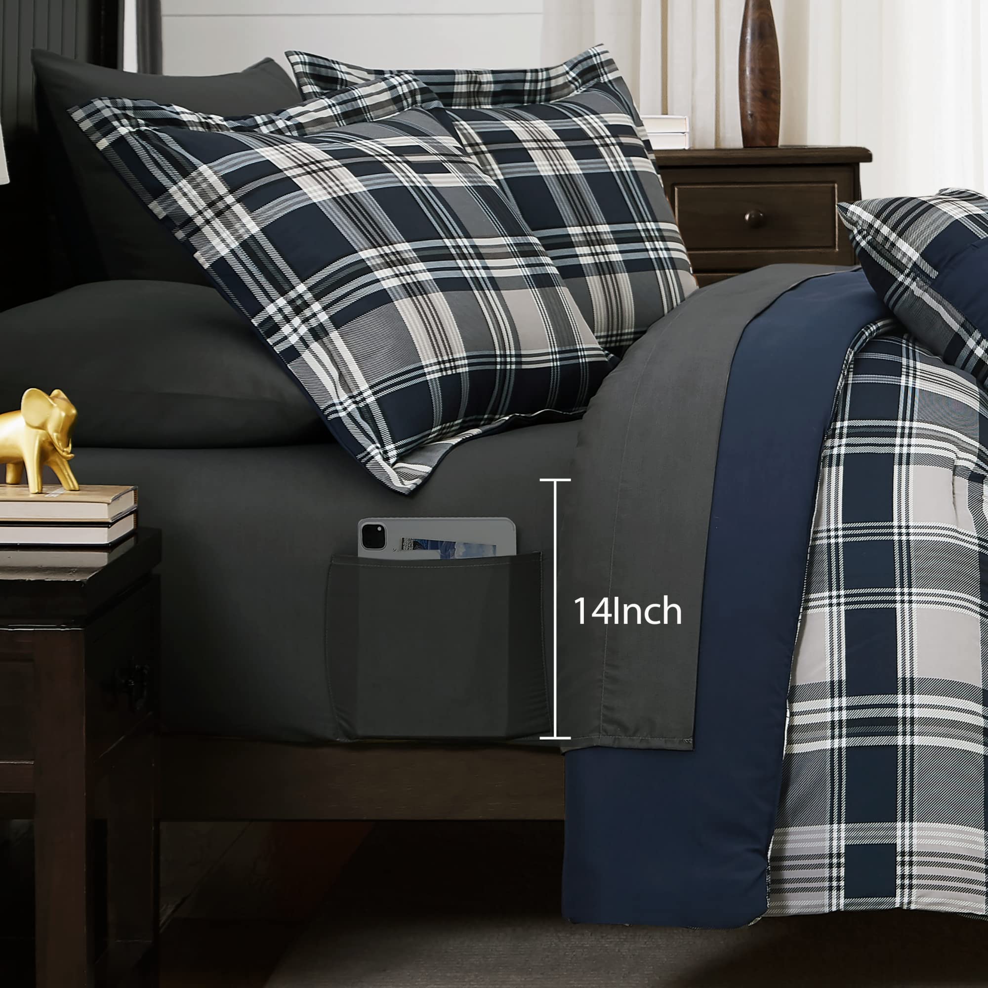 MaiRêve Queen Comforter Set, Classic Plaid Farmhouse Bedding Sets 7 Pieces, Beige All Season Bed in A Bag with Sheets, Pillowcases & Shams