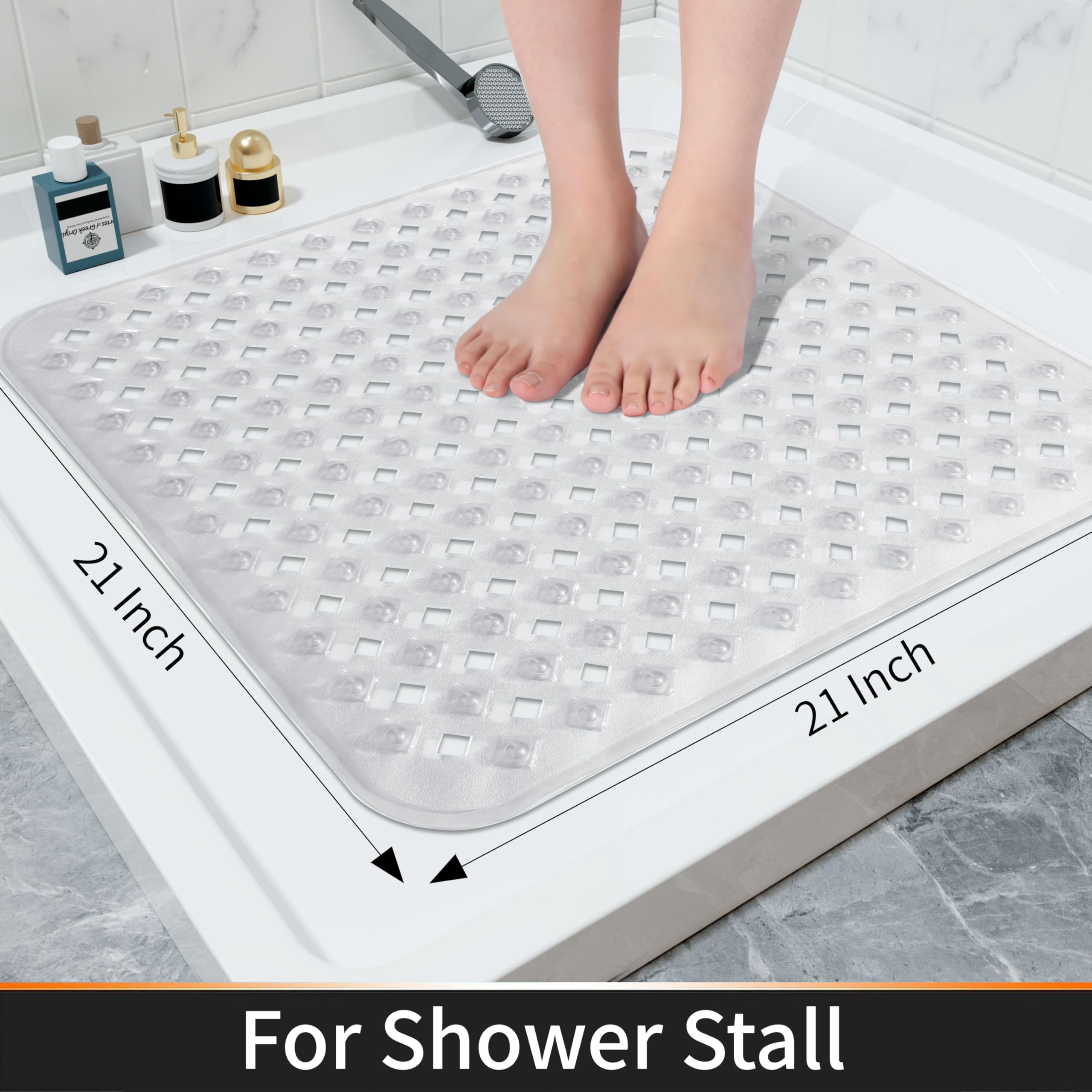 Yimobra Square Shower Mat Non Slip, Super Strong Suction Cups, 21"X21" Bath Tub Mat with Drain Holes, Machine Washable Fast Draining Bath Mats, Bathroom Essentials,Black