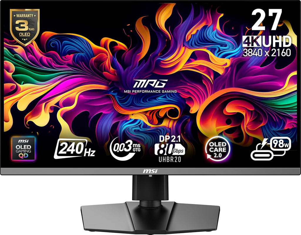 msi MPG 272URX QD-OLED 27 Inch 4K UHD Gaming Monitor - 3840 x 2160 QD-OLED Panel, EL Gen3, 240Hz / 0.03ms, 99% DCI-P3, DisplayHDR True Black 400, KVM, DP 2.1a, HDMI 2.1, USB Type-C 98W