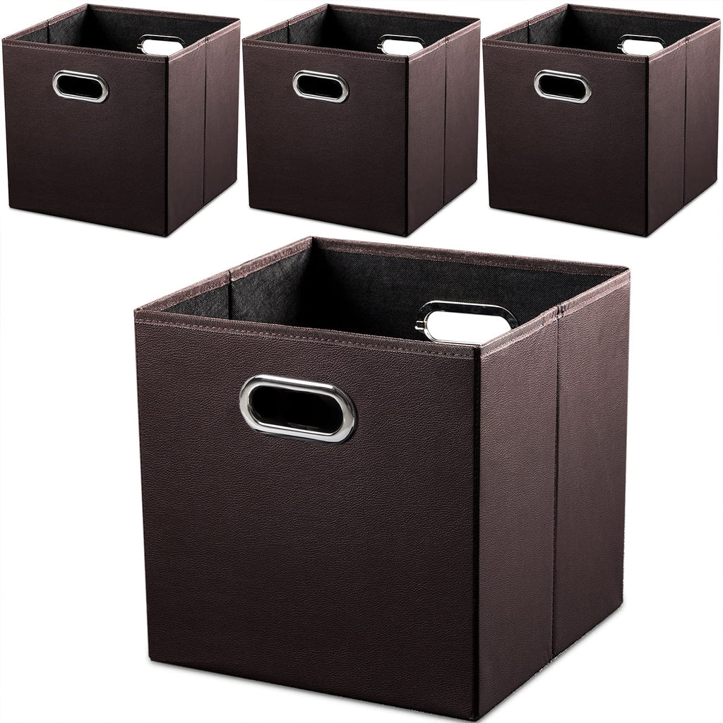 PRANDOM Leather Foldable Cube Storage Bins 11x11 inch [4-Pack] Fabric Storage Baskets Cubes Drawer with Cotton Handles Organizer for Shelves Nursery Closet Bedroom Clothes Black