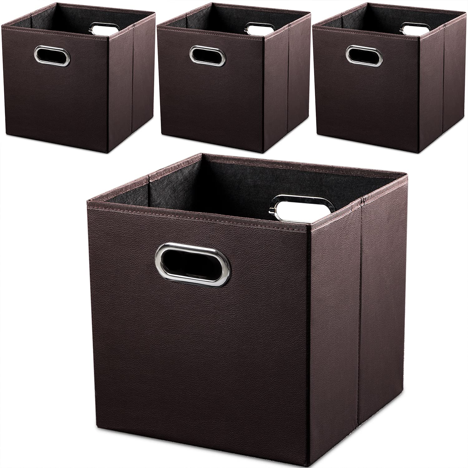 PRANDOM Leather Foldable Cube Storage Bins 11x11 inch [4-Pack] Fabric Storage Baskets Cubes Drawer with Cotton Handles Organizer for Shelves Nursery Closet Bedroom Clothes Black