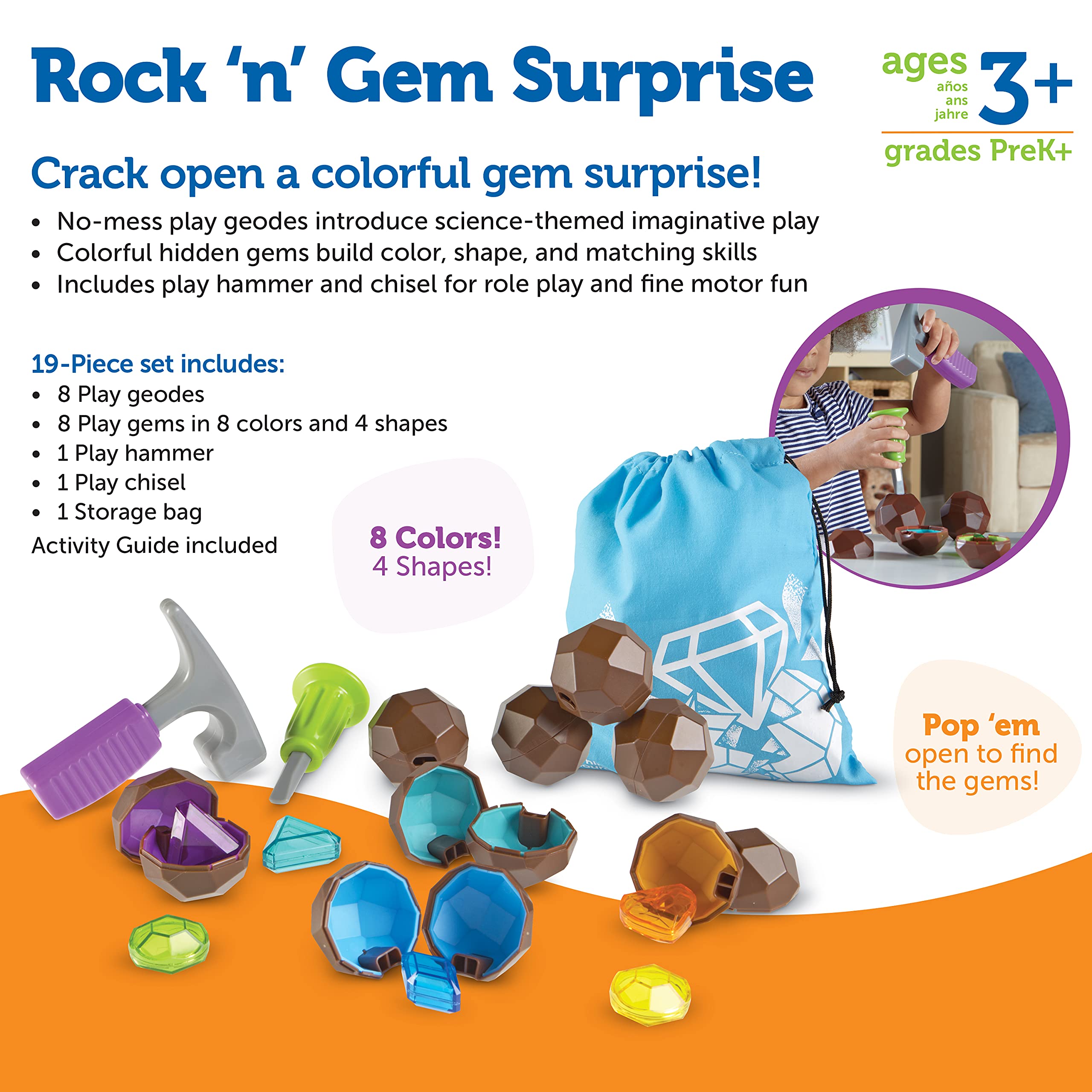 Learning Resources Rock 'n Gem Surprise - 19 Pieces, Ages 3+ Toddler Learning Toys, Sorting and Matching Toys, Early STEM for Kids