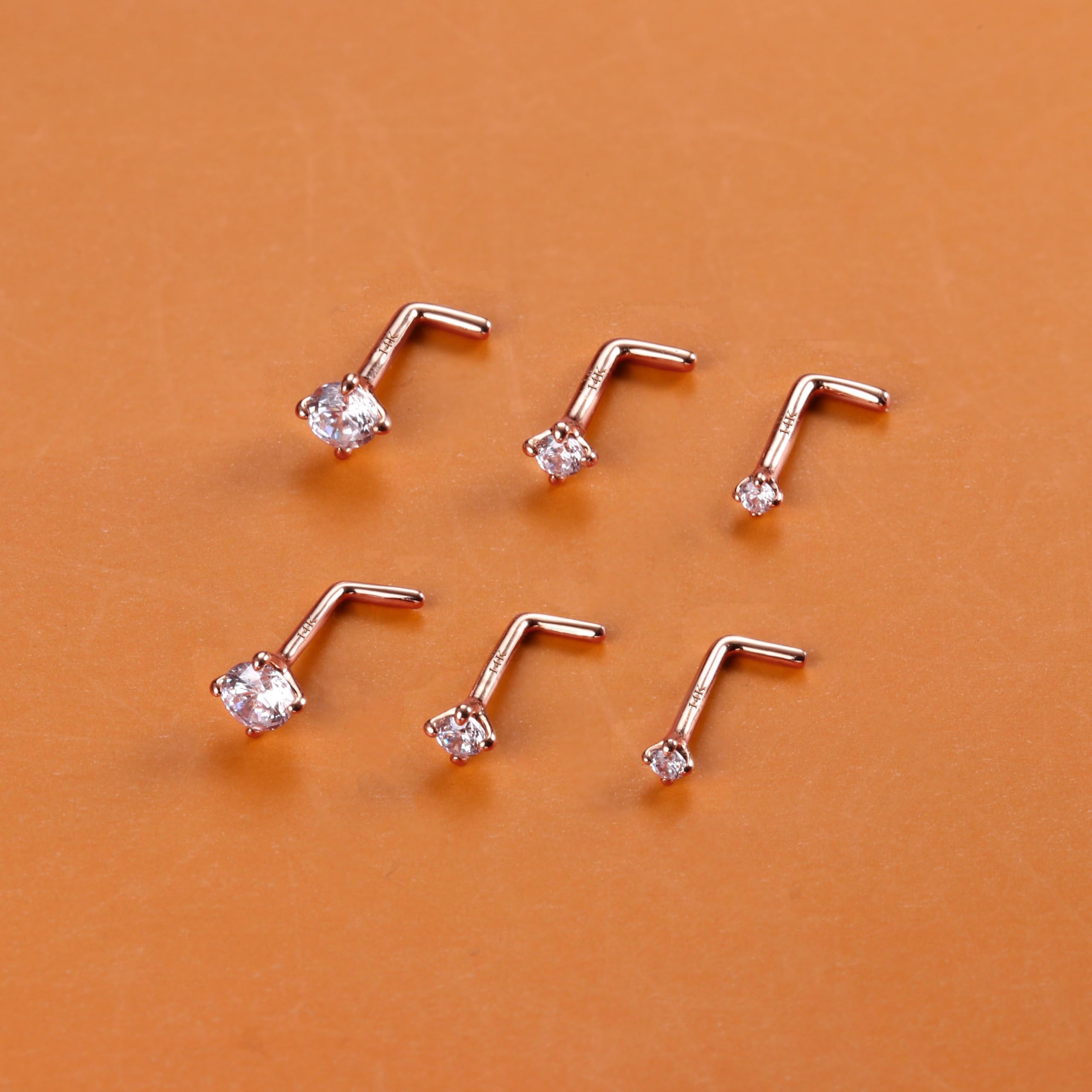14K Real Gold Nose Studs, 18G 20G Solid Gold L Shaped Nose Rings, Simulated Diamond CZ Hypoallergenic Nose Piercings for Women Men 1.5 2 3MM