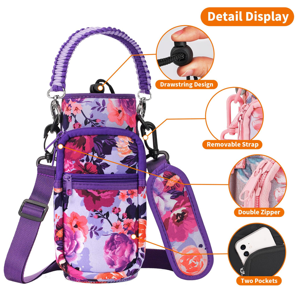AceTreker 32/40/64/128 oz Neoprene Insulated Water Bottle Carrier Bag, Sling Bag Sleeve Pouch Holder with Strap & Paracord Handle and 2 Pocket for Travelling, Hiking, Camping