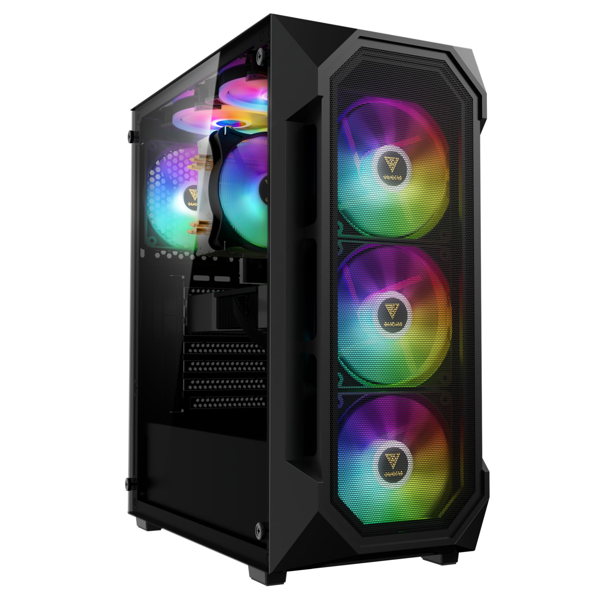GAMDIAS ATX Mid Tower Gaming Computer PC Case Tempered Glass, Built-in 4X 120mm ARGB Case Fans, Front Airflow Mesh, Up to 6x120mm Fans, 340mm GPU/VGA, 360mm AIO/Radiator, 160mm CPU Cooler