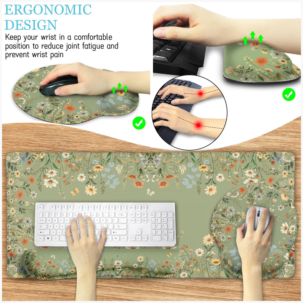 Black Striped Ergonomic Large Desk Mat Set with Wrist Rest