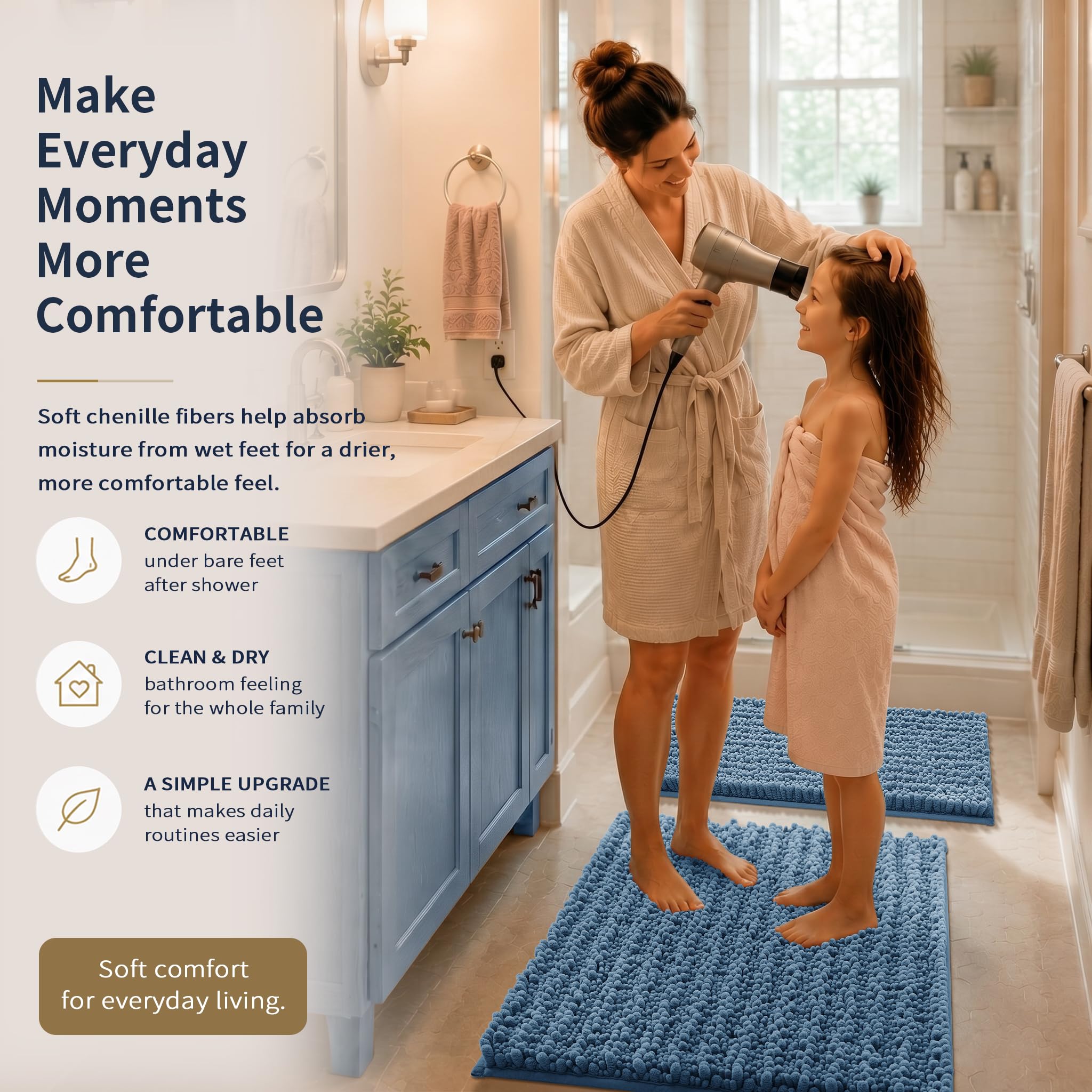 Yimobra Black Bathroom Rug Set 3 Piece - Super Absorbent Quick Dry Chenille Bath Mats & Toilet Rug, Non Slip Machine Washable, Extra Thick Shaggy Floor Mat for Shower Tub Sink