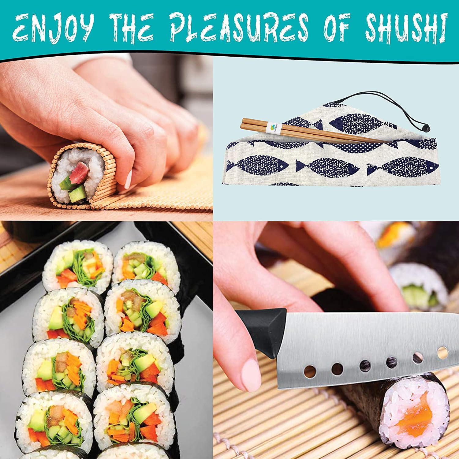 SmileTools Sushi Making Kit, 22pcs Roller Maker for Beginners With Guide Book, Bazooka, Knife, Mat, Avocado Slicer, Chopsticks, Sauce Dishes & More - Sushi Lover's Gift