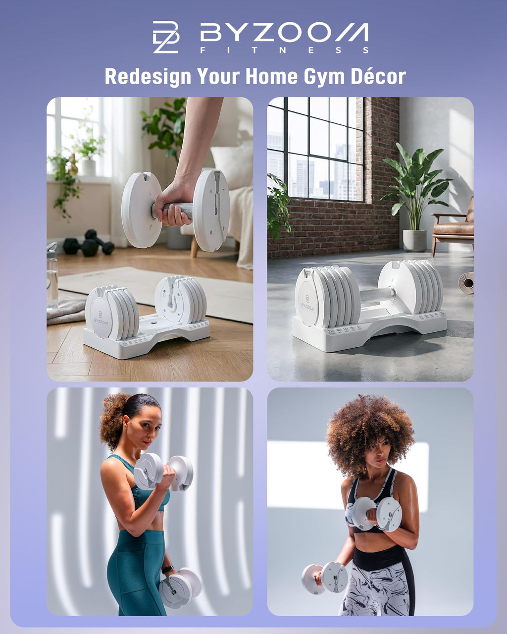 BYZOOM FITNESS Pure Series Adjustable Dumbbell - 12.5/25/27.5/50/55/75lb - ONE UNIT OR PAIR(check QTY before purchase) - 5-in-1/ 10-in-1 / 15-in-1 / 21-in-1 Flexible Hand Weights for Home Apartment Garage Gym, Strength Training & Fitness Workouts, White O