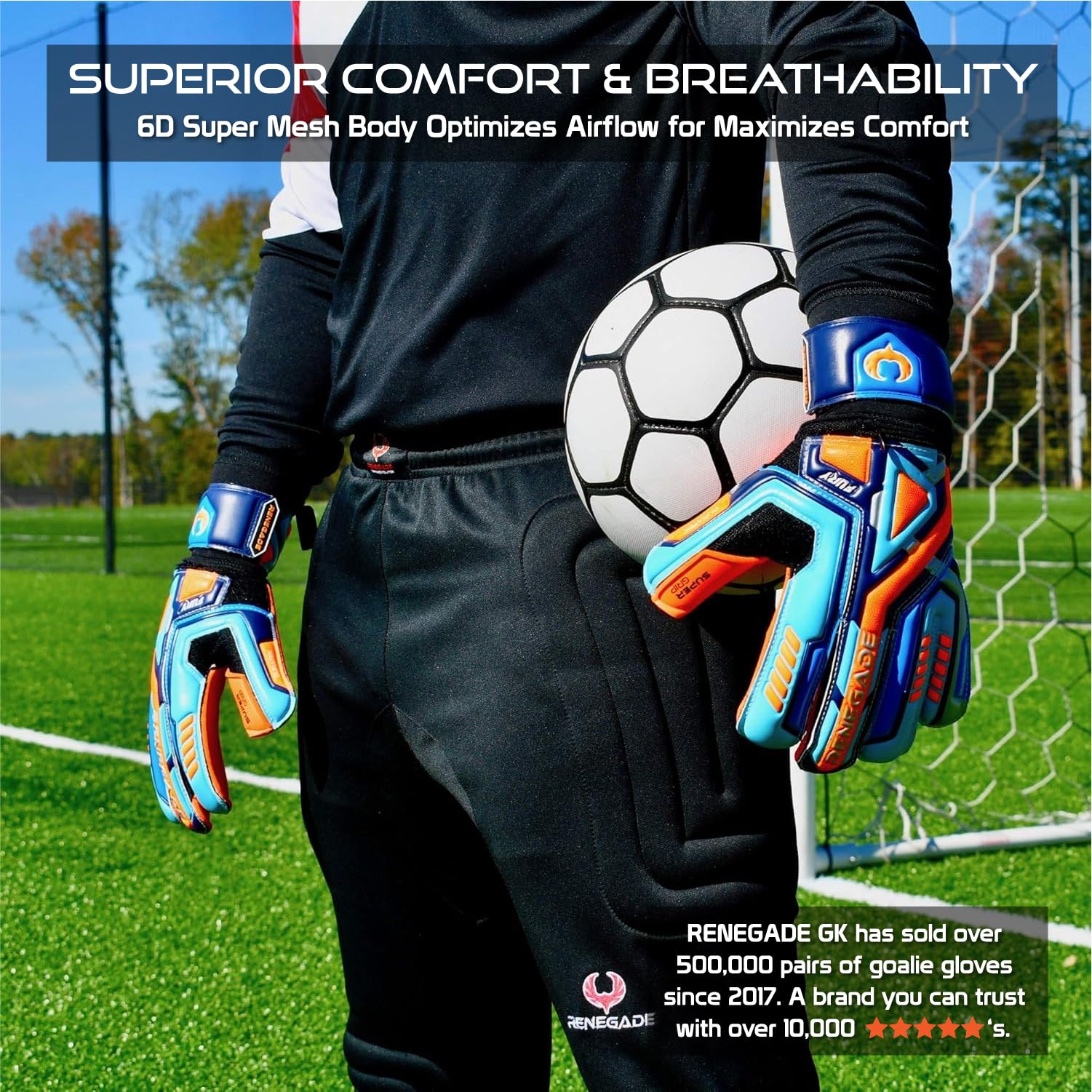 Renegade GK Fury Goalie Gloves with Microbe-Guard - Adult, Youth, Kids (Sizes 6-11) Pro-Tek Fingersaves & 4+3MM Giga Grip | High Performance Pro-Level Goalkeeper Glove | Based in USA