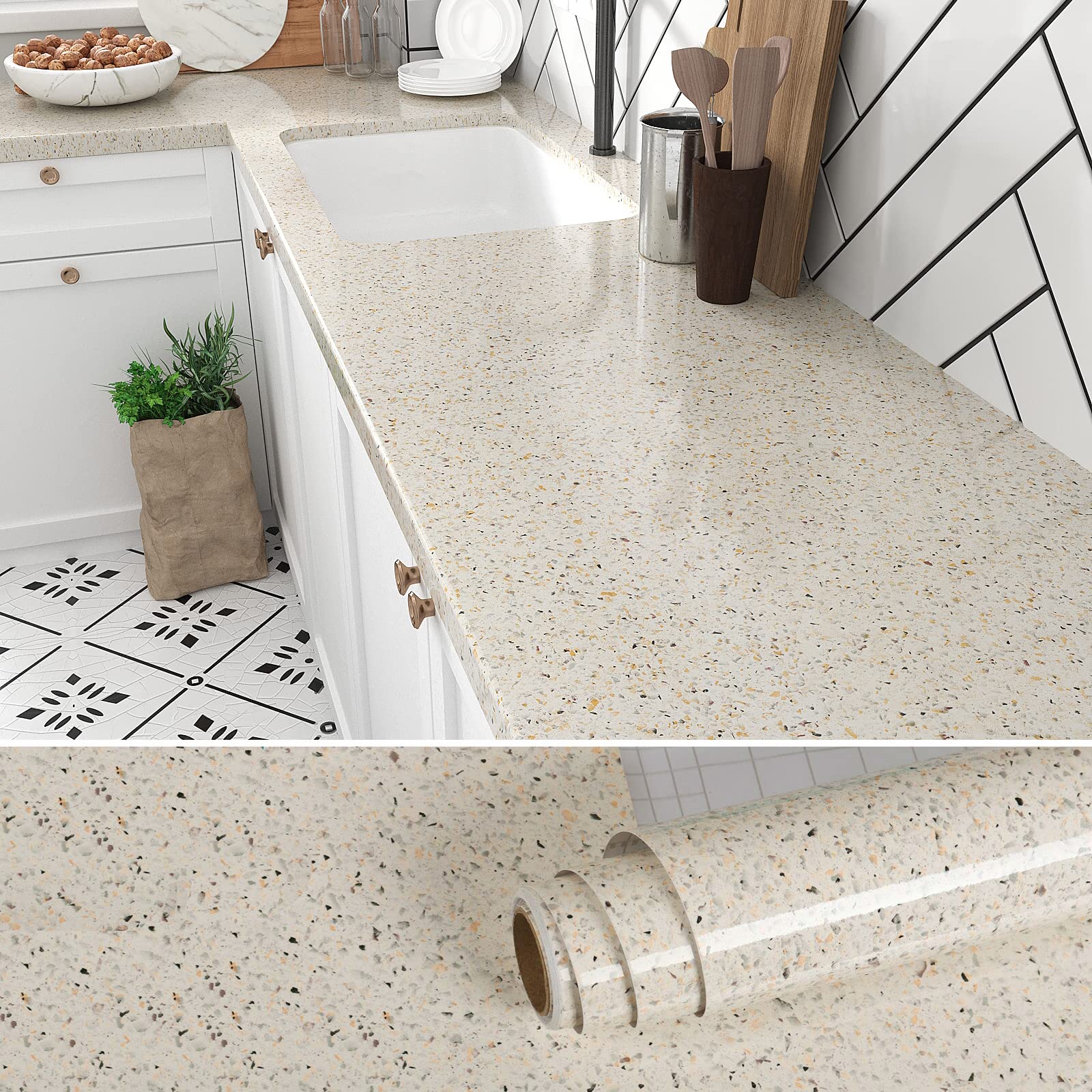 VEELIKE 15.7''x118'' Granite Contact Paper for Countertops Waterproof Self Adhesive Granite Wallpaper Peel and Stick Countertops for Kitchen Bathroom Counter Top Removable Decorative Vinyl Film