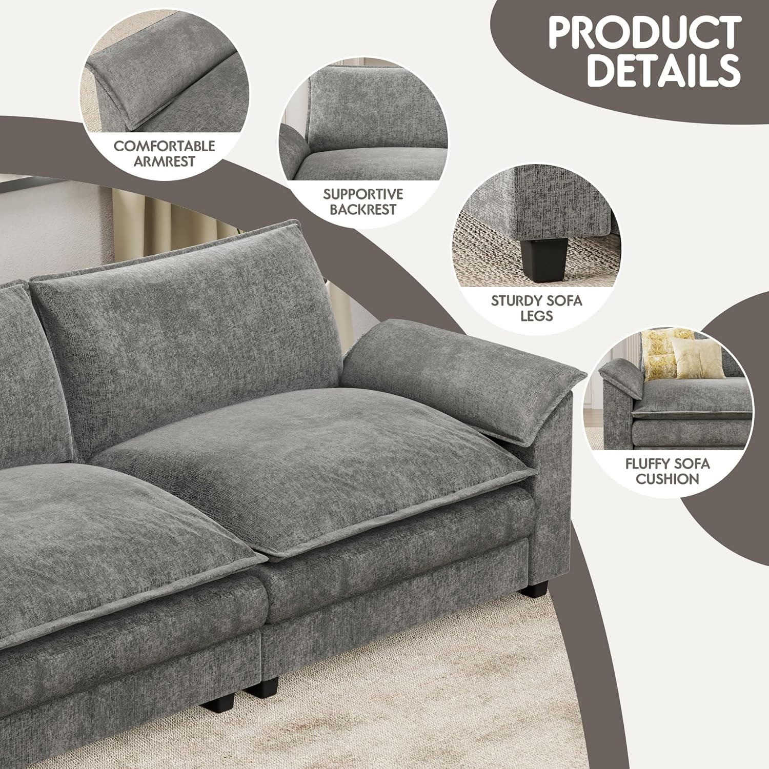 Homall 80" Modular Sectional Sofa, Loveseat Sofa Couch with Double-Layer Cushion, DIY Combination Chenille Deep 2-Seat Cloud Couch for Living Room, Apartment (Bright Grey, Loveseat Sofa)