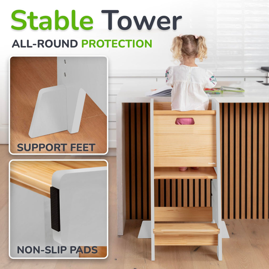 OCODILE Toddler Tower with a Sliding Door and 3 Adjustable Heights - Safe Toddler Kitchen Step Helper with Support Feet - Updated Design for 18+ Months to 6-Year-Old Kids - Gray