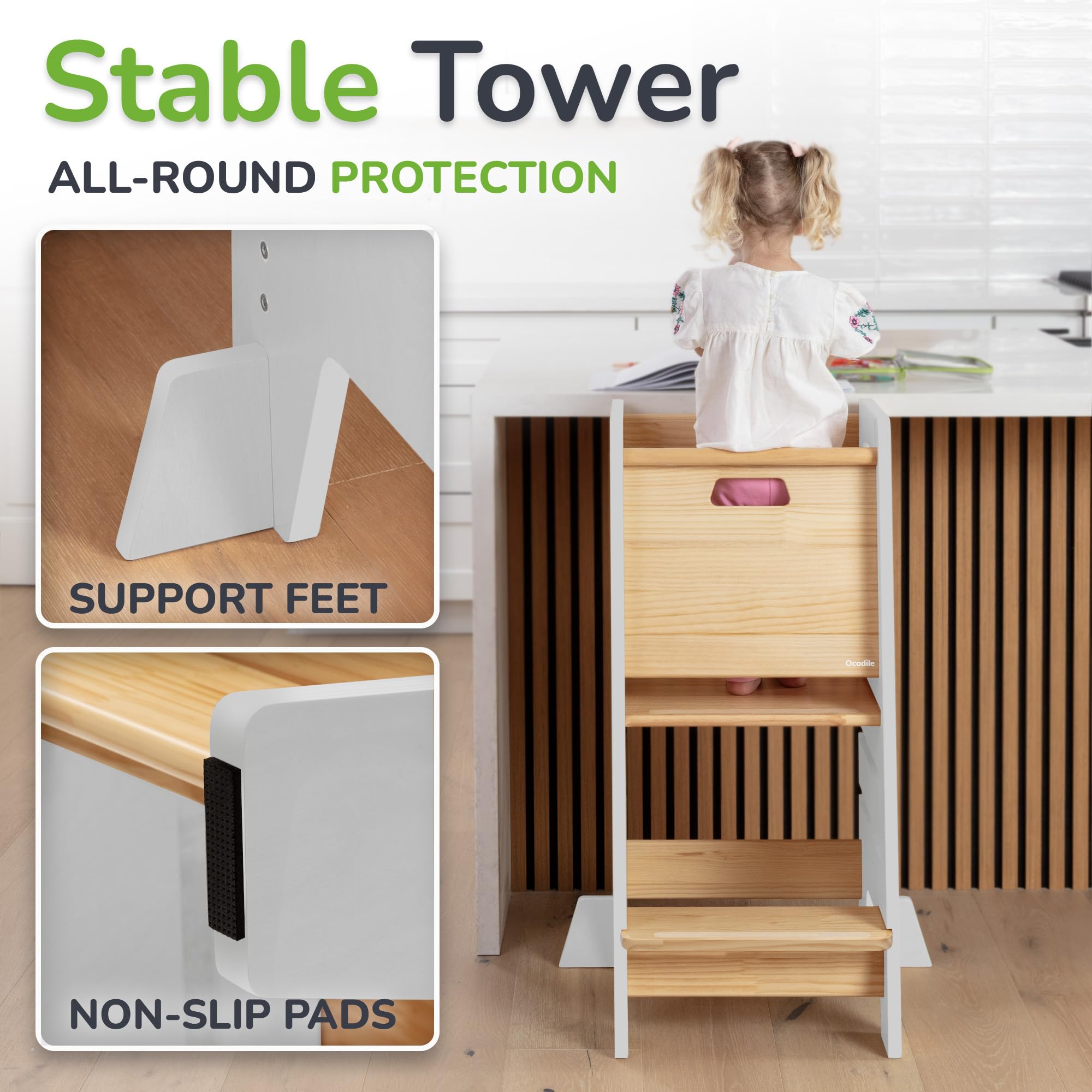 OCODILE Toddler Tower with a Sliding Door and 3 Adjustable Heights - Safe Toddler Kitchen Step Helper with Support Feet - Updated Design for 18+ Months to 6-Year-Old Kids - Gray