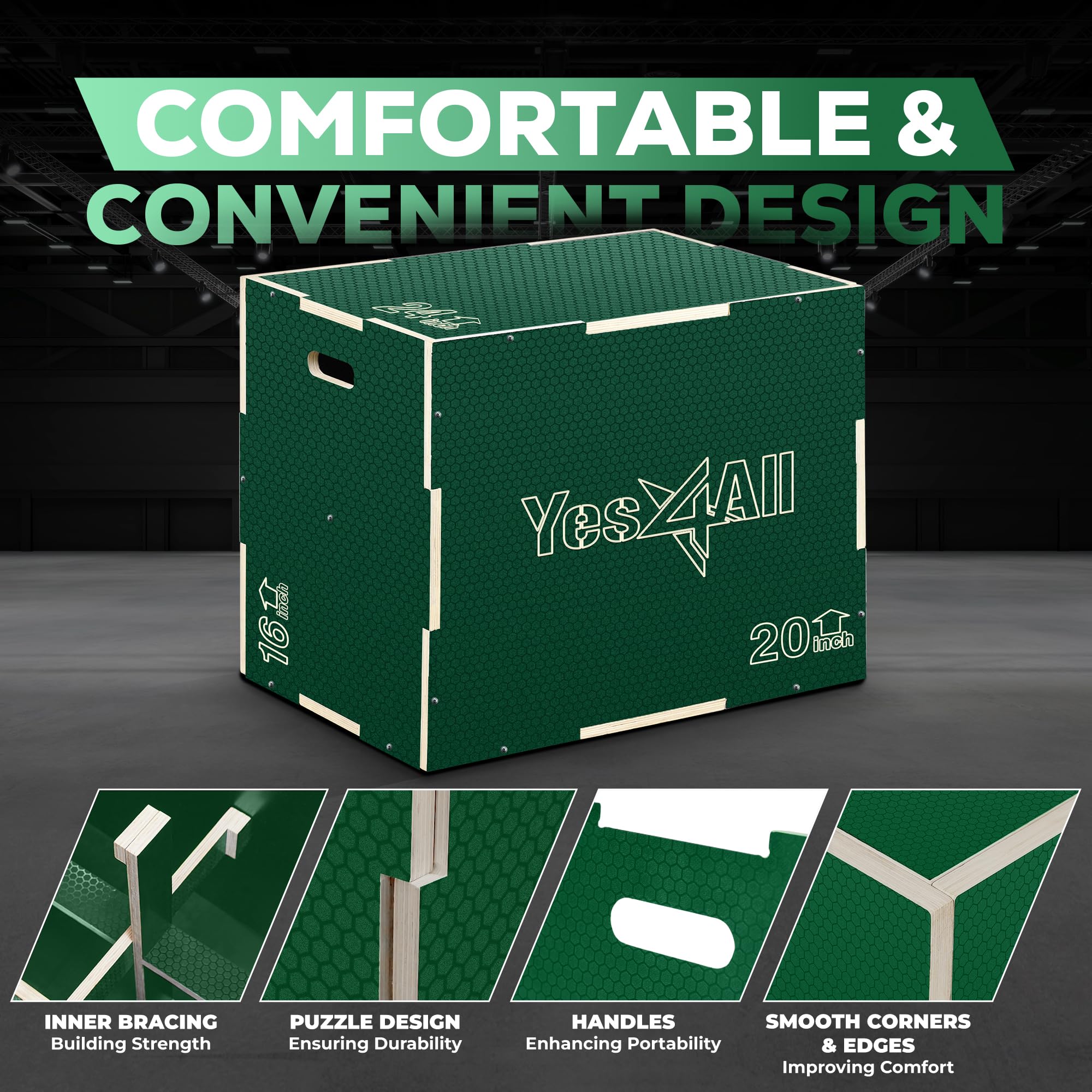 Yes4All 3 in 1 Non-Slip Wooden Plyo Box, Step Up Box for Workout, Plyometric Jump Box for Skipping, Jumping, Lunges, Squats, Dips