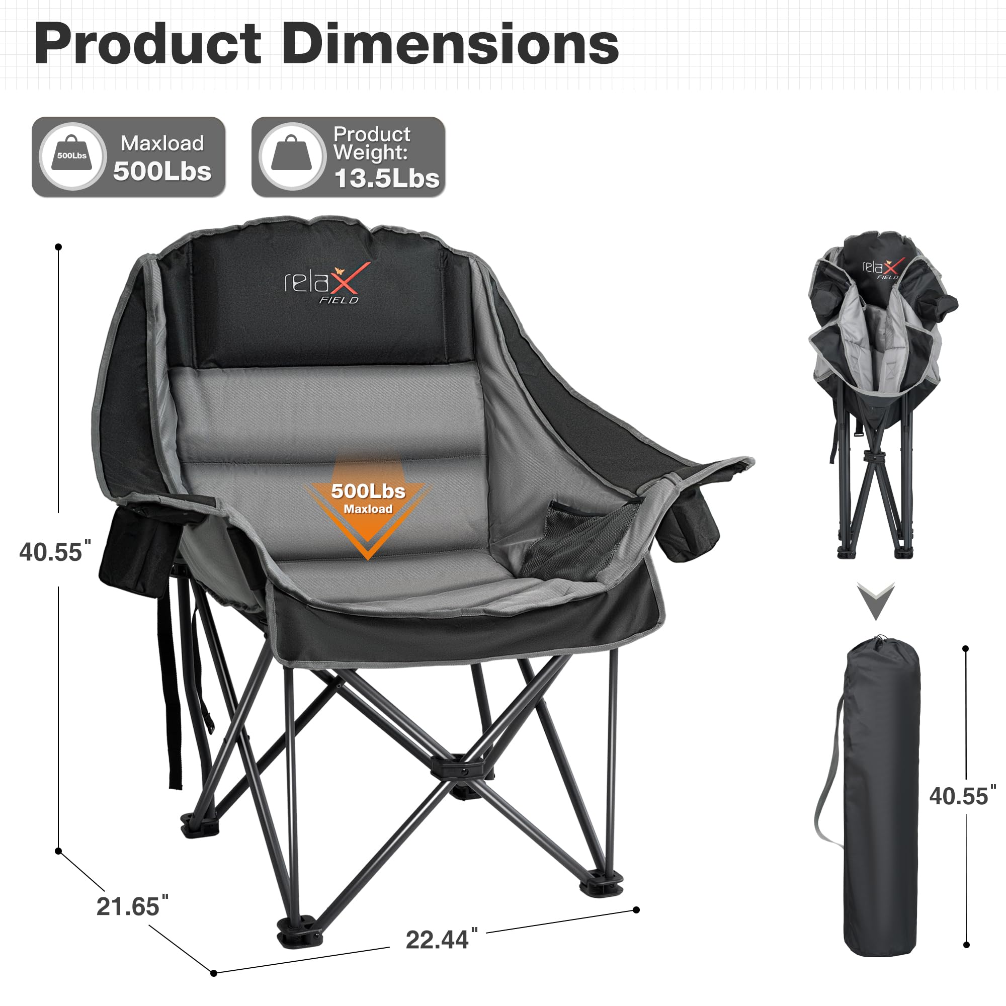 Double Camping Chair Heavy Duty Oversized Padded Loveseat for Adults 2 Person Outdoor Portable Camping Chairs for Lawn, Backyard, Fishing, Trip, Support 600lbs, Grey