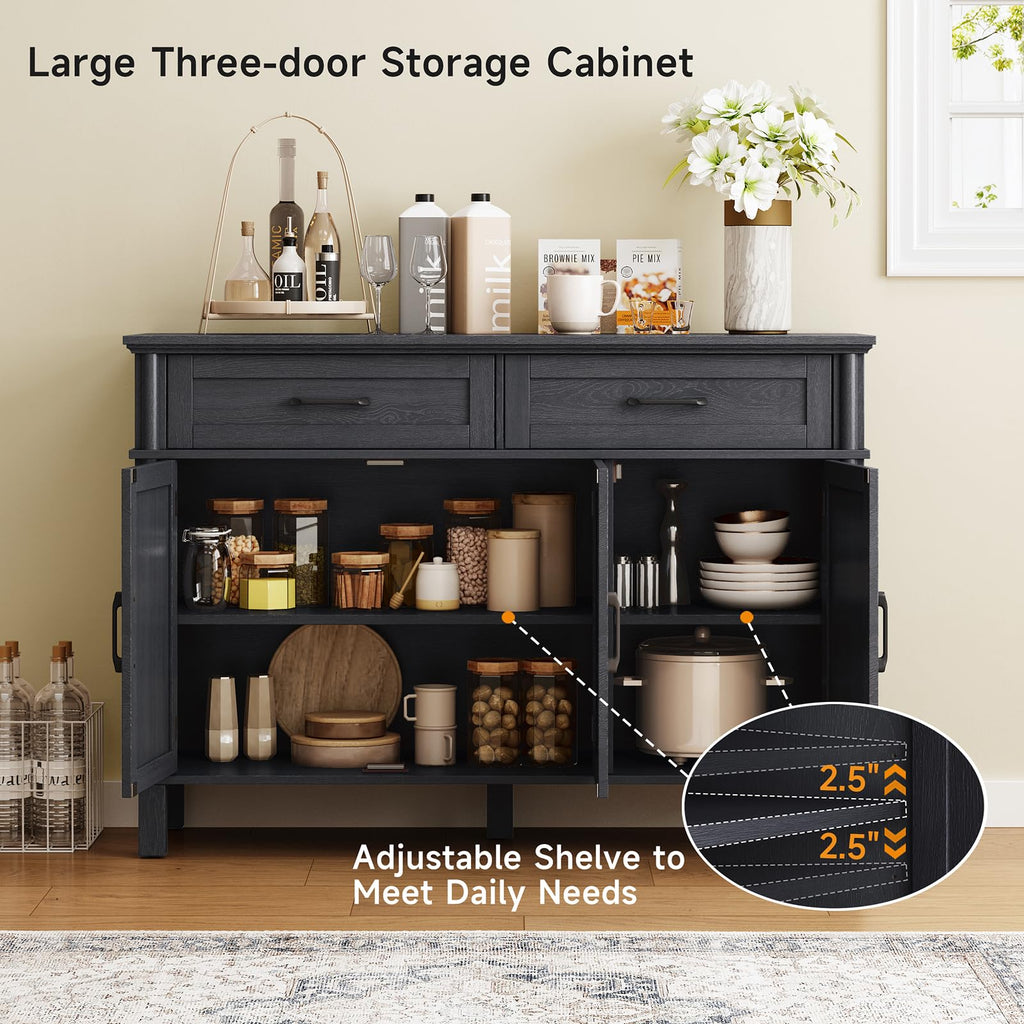 ONBRILL 48 Inches Buffet Cabinet with Storage, Farmhouse Sideboard Buffet w/2 Drawers and 3 Doors, Wood Coffee Bar Cabinet with Adjustable Shelves, Sideboard Storage for Kitchen, Living Room, Black