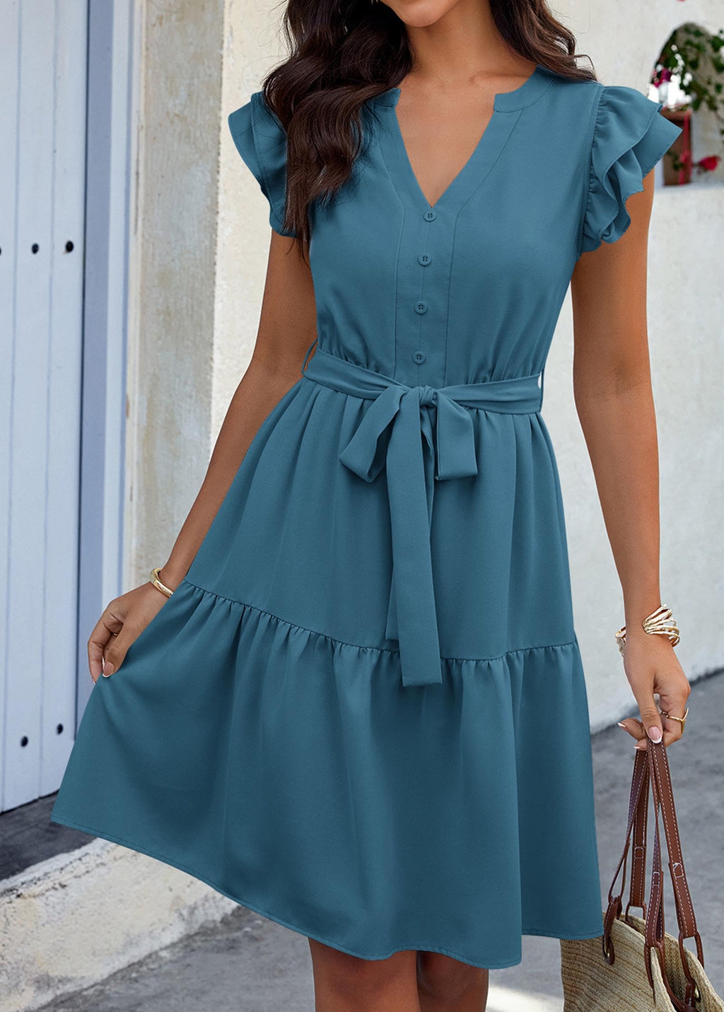 KIRUNDO Summer Dresses for Women 2026 Spring Flutter Sleeve V Neck Ruffle Flowy Tiered Knee Length Beach Vacation Sundress