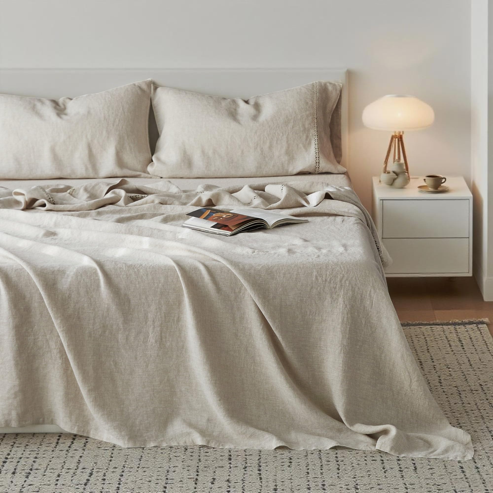 Simple&Opulence 100% Pure Linen Sheet Set Twin Size, Natural French Flax Solid Color 3 Pcs Washed Breathable, Farmhouse Bedding (1 Flat Sheet,1 Fitted Sheet,1 Pillowcase)-Embroidery Dark Grey