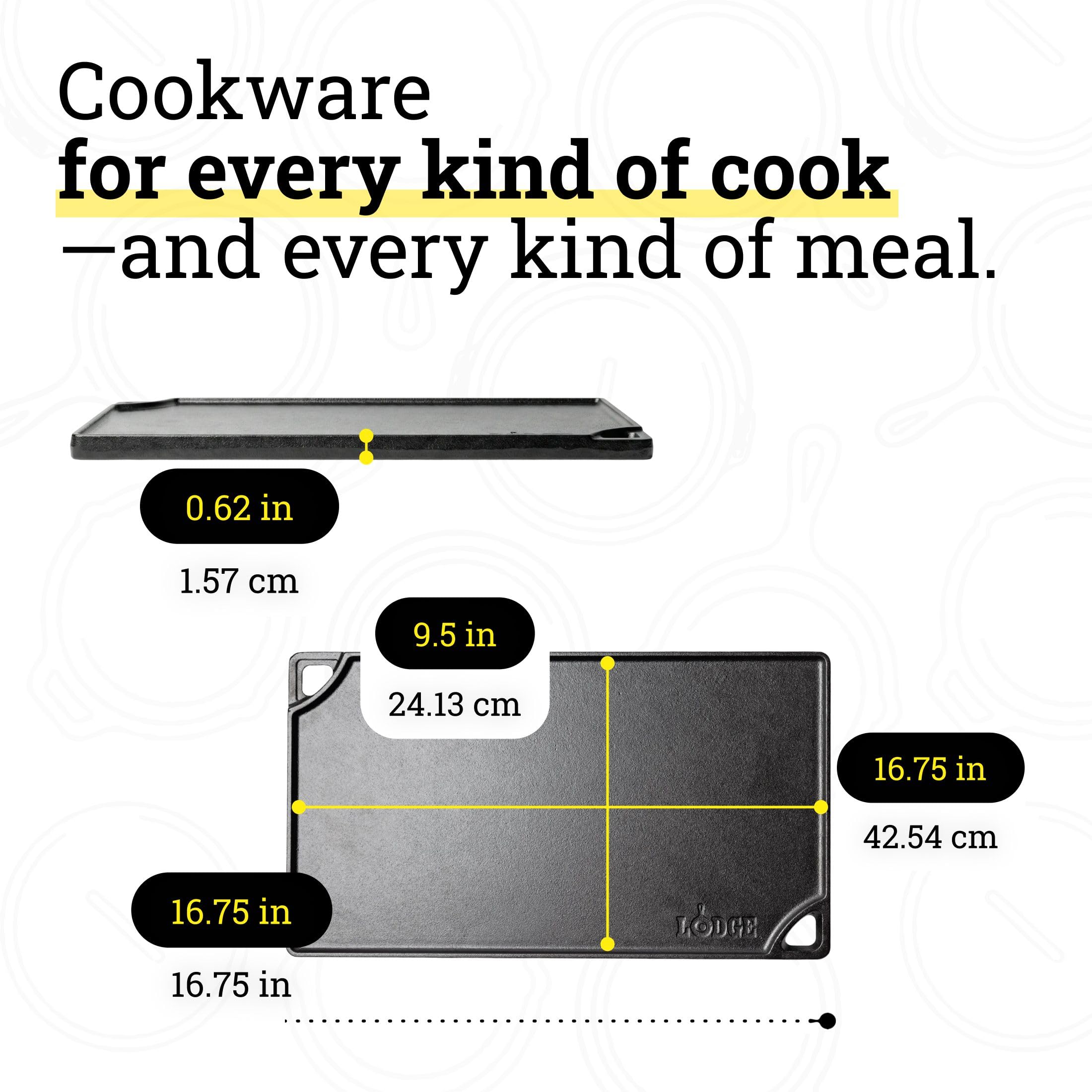 Lodge Reversible Cast Iron Grill/Griddle Pan 16.75 x 9.5 - Pre-Seasoned Dual-Sided Double Burner for BBQ, Eggs, Pancakes, Burgers - PFAS Free Cookware - Flat Top Plate for Oven, Grill, & Campfire
