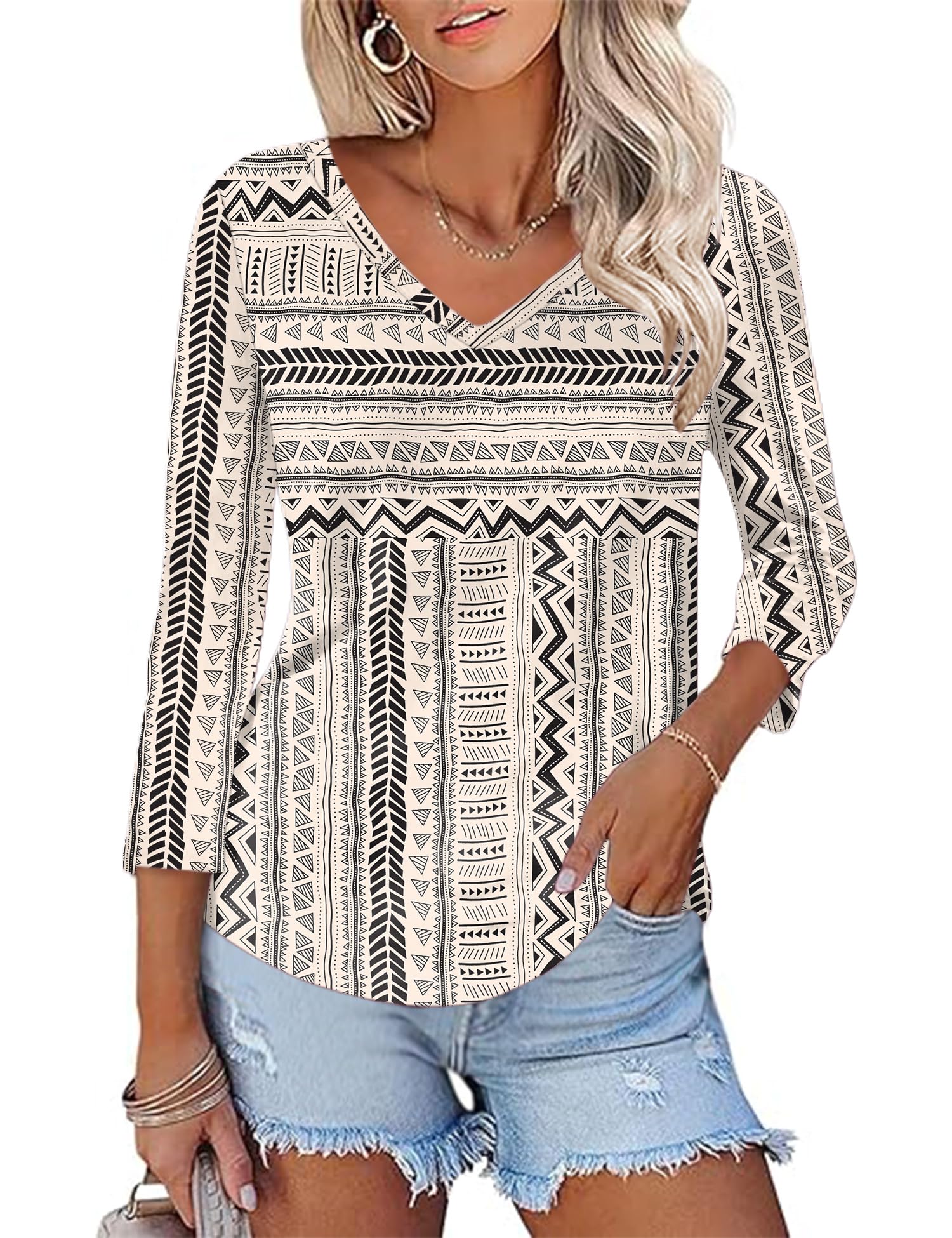 KTILG Women's V Neck T Shirts 3/4 Sleeve Blouse Summer Tops Dressy Casual Solid Basic Tees