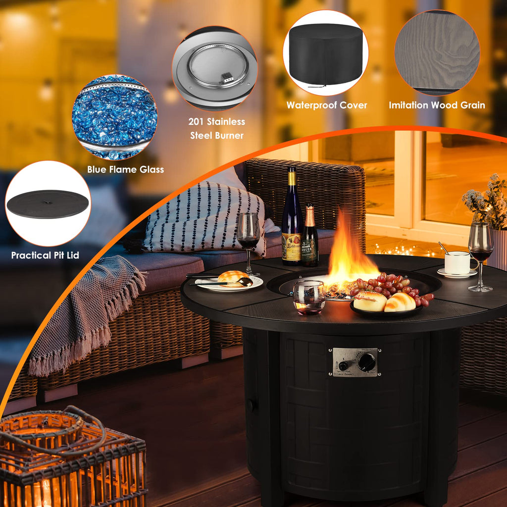 TLGREEN Propane Fire Pit Table 30 Inch Round – 50,000 BTU Outdoor Fire Pit with Lid, Converts to Patio Coffee Table, Certified, Includes Waterproof Cover & Blue Fire Glass(Grey)