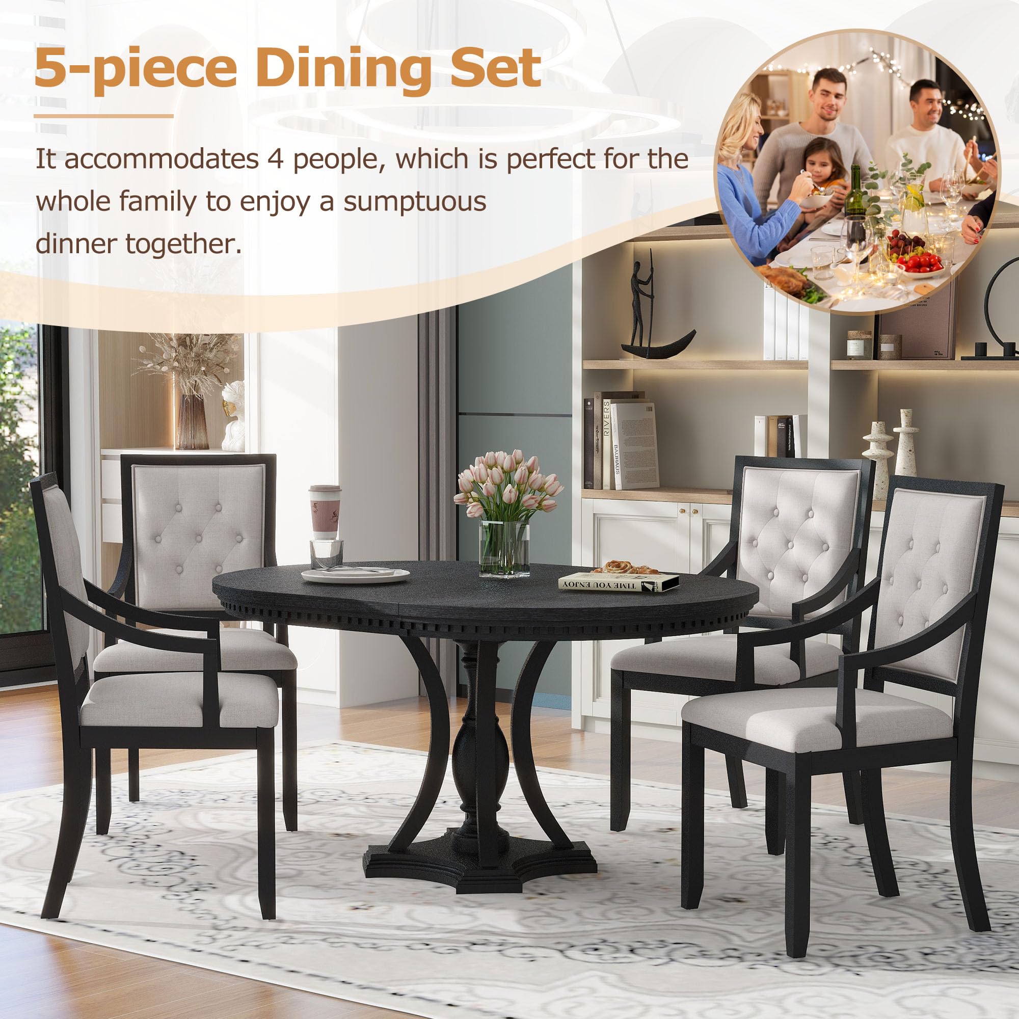 LUMISOL 5-Piece Dining Table Set for 4, Farmhouse Round Kitchen Table Set with Special Shaped Legs and 4 Upholstered Chairs for Kitchen, Dining Room, Small Space, Antique Blue