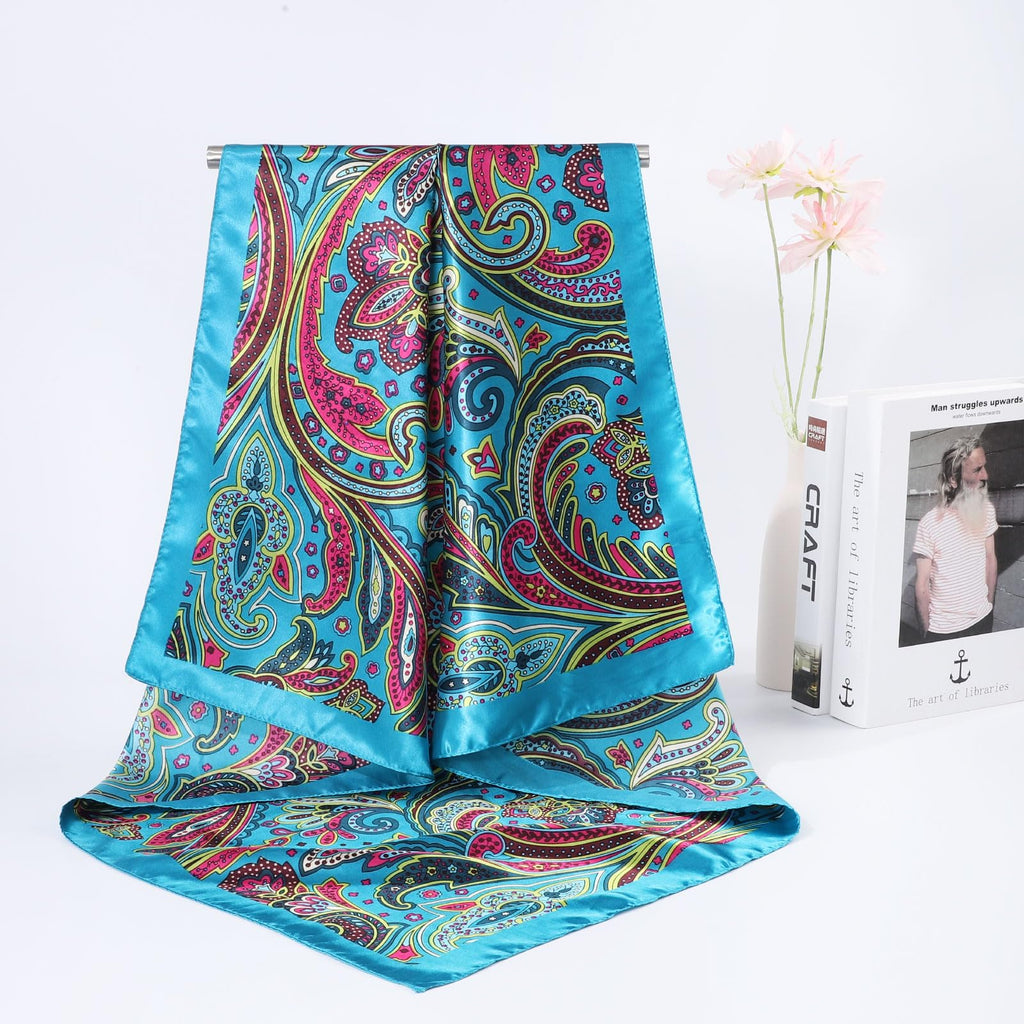 AWAYTR 35” Large Satin Square Head Scarf - 2Pcs Silk Like Floral Head Scarves Square Satin Hair Scarf Bandanas for Women