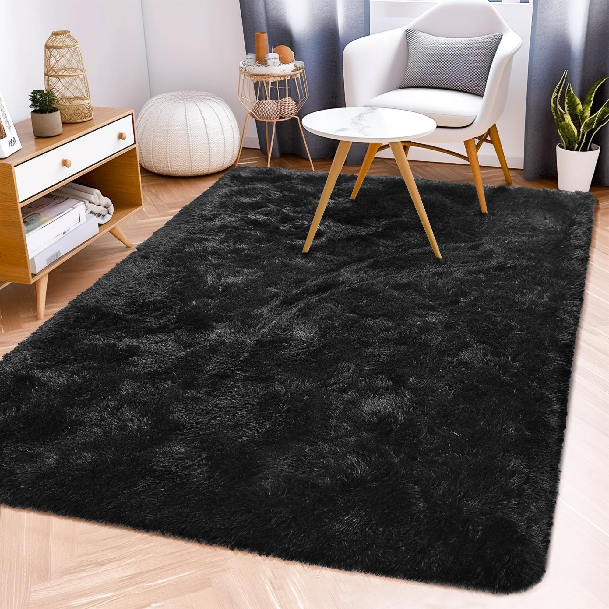 Awaytail Fluffy Rug Washable 2x3 Feet, Pure Black Desk Chair Rug Non-Slip, Super Soft Kids Rug for Boys Nursery Dorm Decor