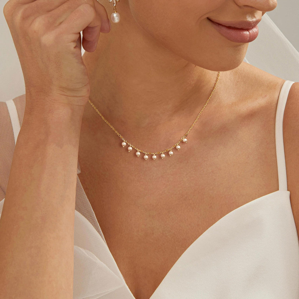 Pearl Necklace for Women Trendy,14k Gold Plated Necklace Dainty Wedding Necklace Small Cute Choker Necklace Gold Prom Drop Necklace Vintage Waterproof Jewelry for Women Prom Jewelry Fashion Gifts