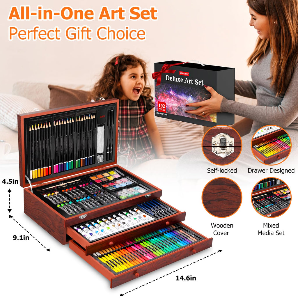 Soucolor Art Supplies, 192-Pack Deluxe Art Set Drawing Painting Supplies Kit with Acrylic Pad, Watercolor Pad, Sketch Book, Canvases, Acrylic Paint, Crayons, Pencils, Gifts for Artist Adults Teen Kids