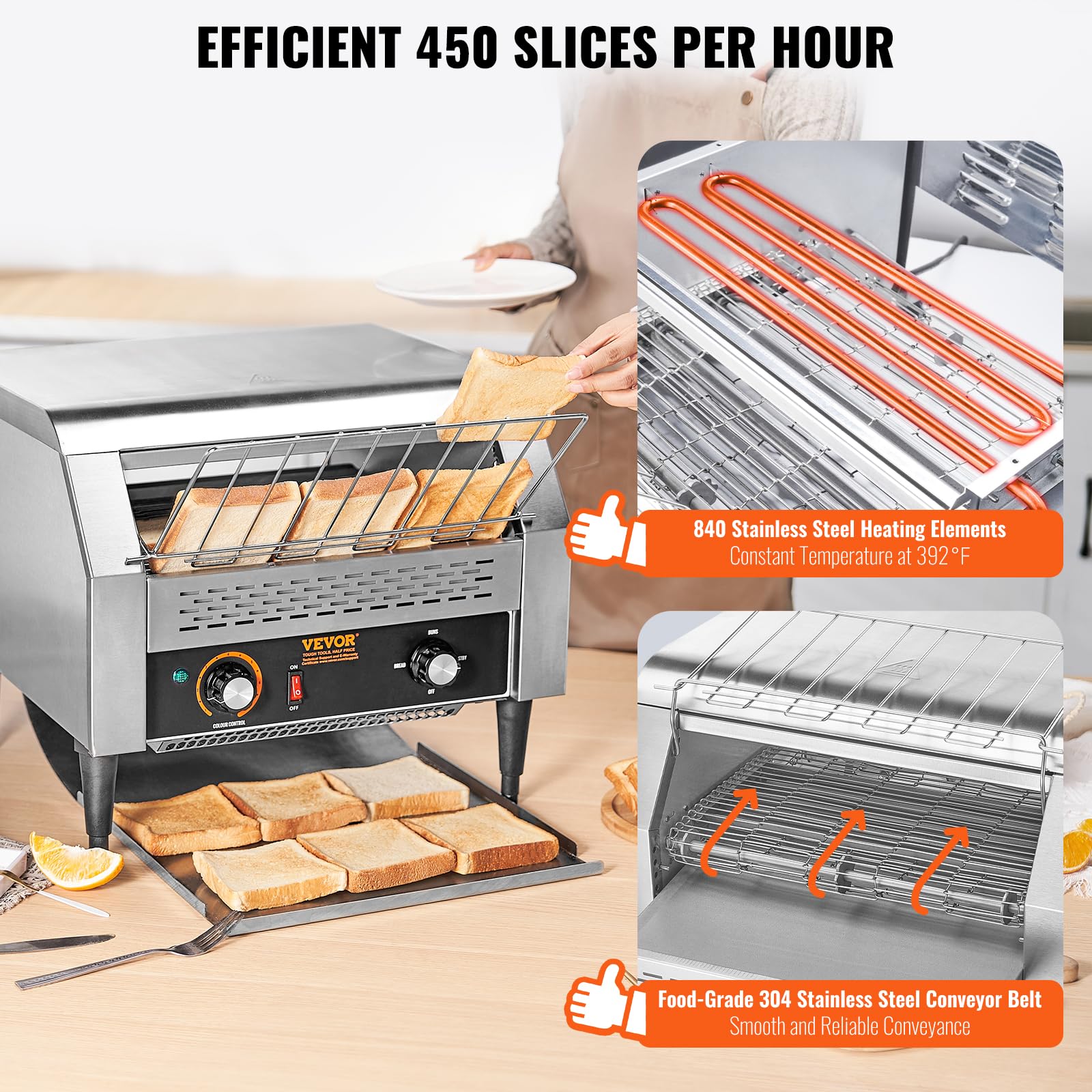 VEVOR Commercial Conveyor Toaster, 300 Slices/Hour, Heavy Duty Stainless Steel, Electric Restaurant Toaster for Toast, Bun, Bagel, Bread