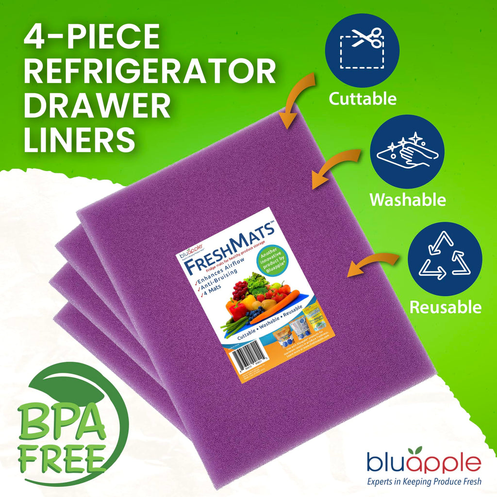 Bluapple FreshMats, Refrigerator Bin Liner, Fridge Drawer Mats, Crisper Life Extender Liner Keeps Produce Fresh Longer, Anti-Bruising, for Air Circulation, Washable & Reusable (4-Mats, 12x15, Black)
