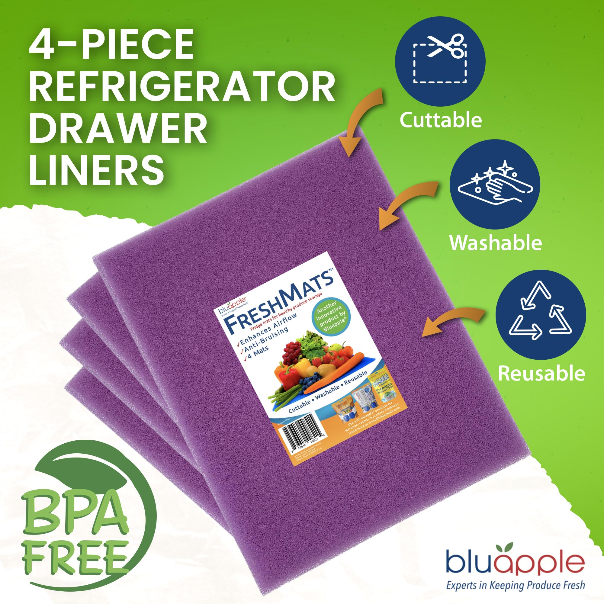 Bluapple FreshMats, Refrigerator Bin Liner, Fridge Drawer Mats, Crisper Life Extender Liner Keeps Produce Fresh Longer, Anti-Bruising, for Air Circulation, Washable & Reusable (4-Mats, 12x15, Black)