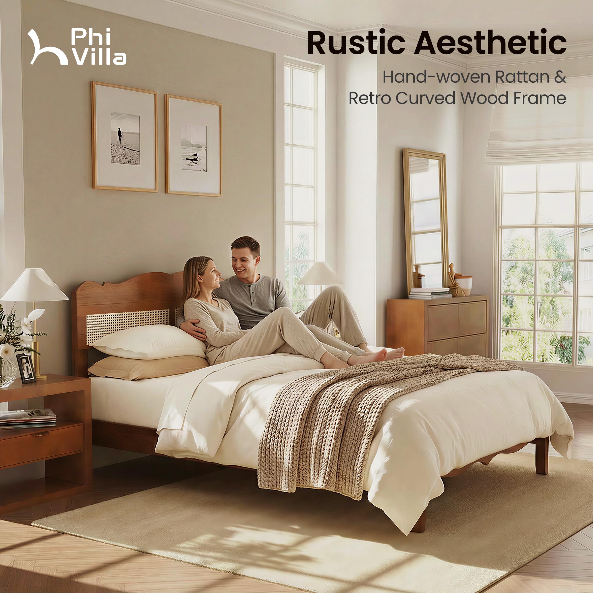PHI VILLA Full Rattan Bed Frame with Headboard, Mid Century Modern Wooden Bed Frames, No Box Spring Needed, Brown