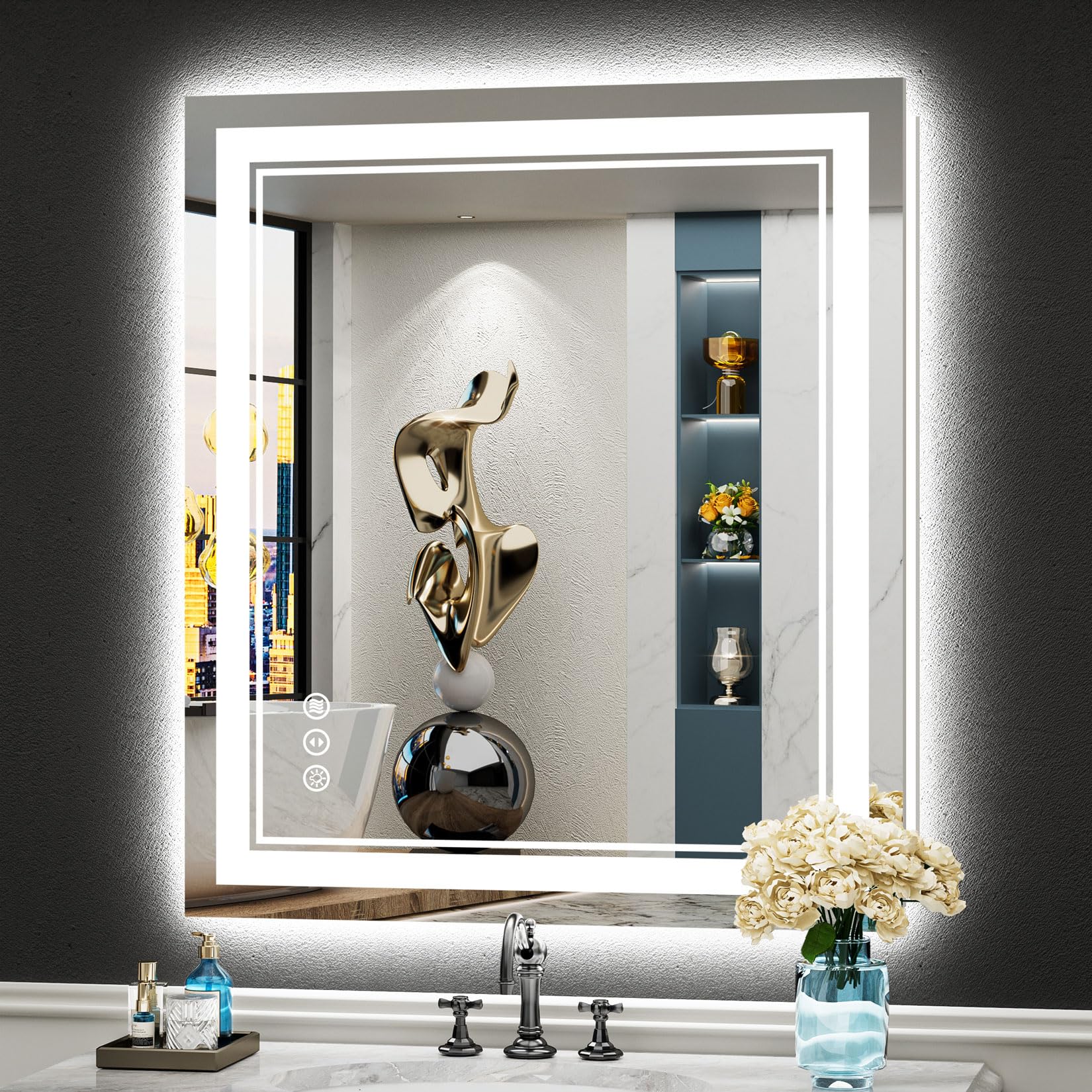 24x32 Black Framed LED Bathroom Mirror with Lights, Backlit and Front Lit Anti-Fog Lighted Vanity Mirrors for Bathroom Wall, Dimmable, 3 Colors, Memory, HD Tempered Glass, Horizontal/Vertical