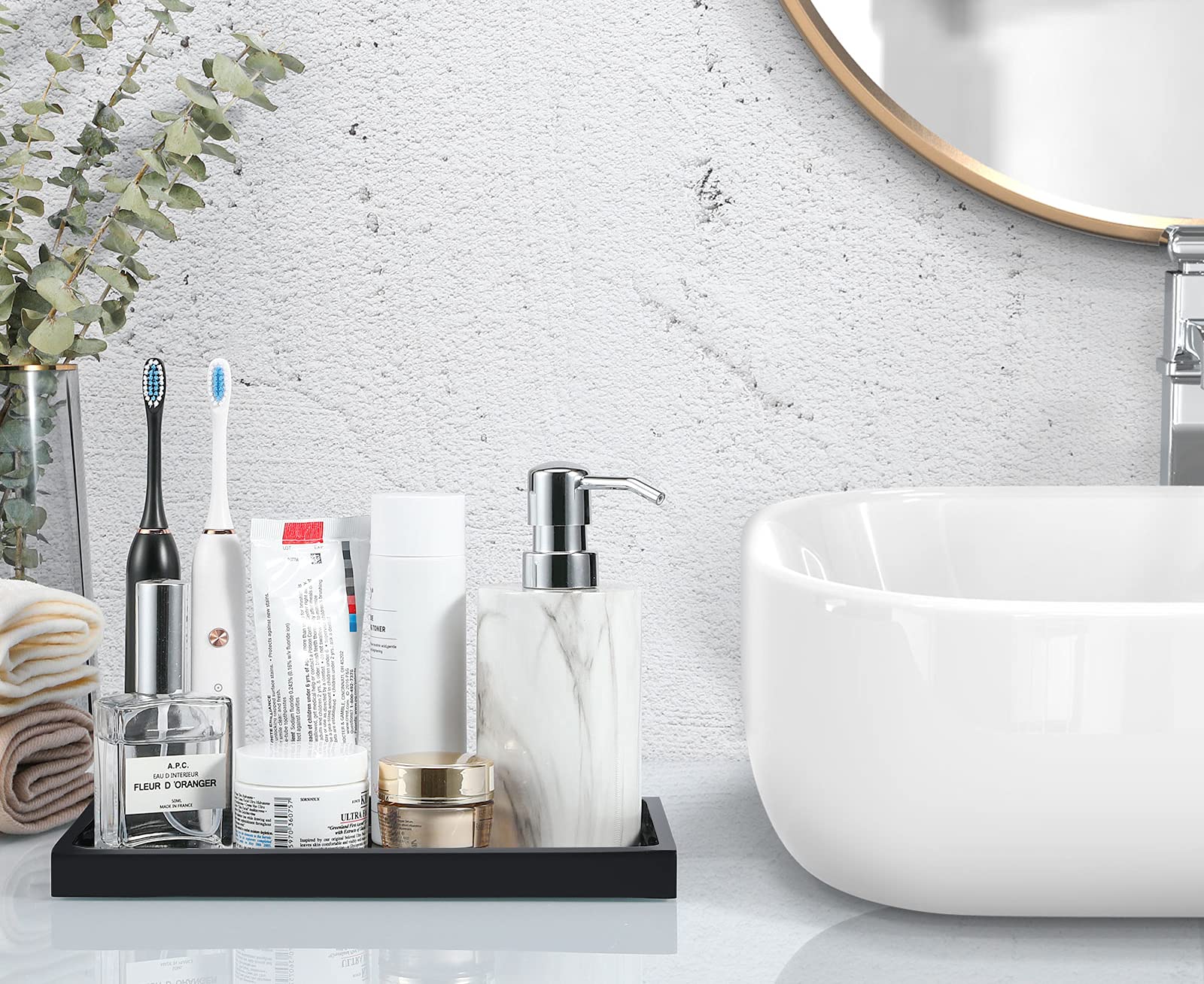 Luxspire Bathroom Vanity Tray, Resin Dresser Jewelry Ring Dish Tank Storage Kitchen Sink Countertop Organizer Plate Holder for Perfume Candles Soap Towel Plant Bathroom Accessories, M, Matte Black