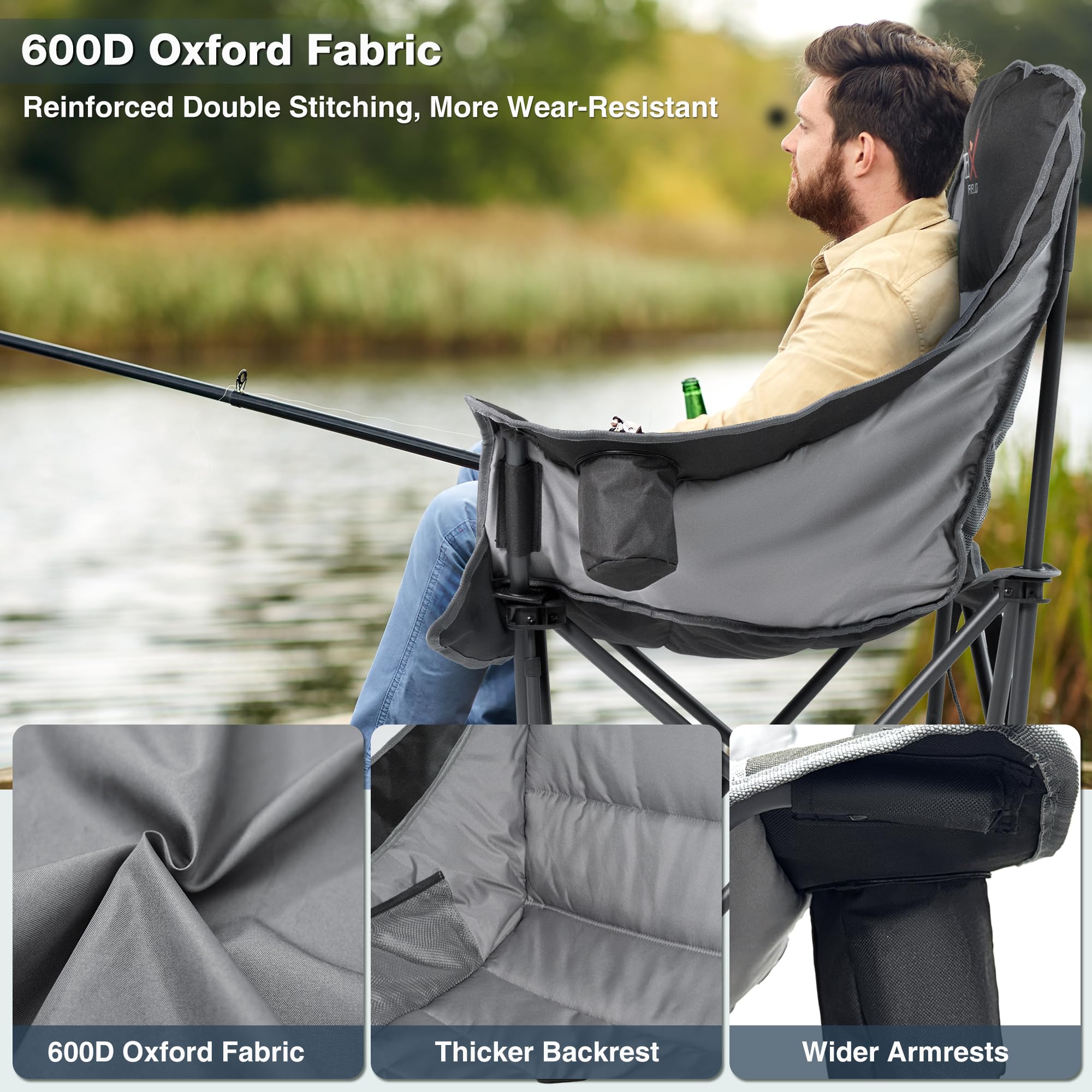 Double Camping Chair Heavy Duty Oversized Padded Loveseat for Adults 2 Person Outdoor Portable Camping Chairs for Lawn, Backyard, Fishing, Trip, Support 600lbs, Grey