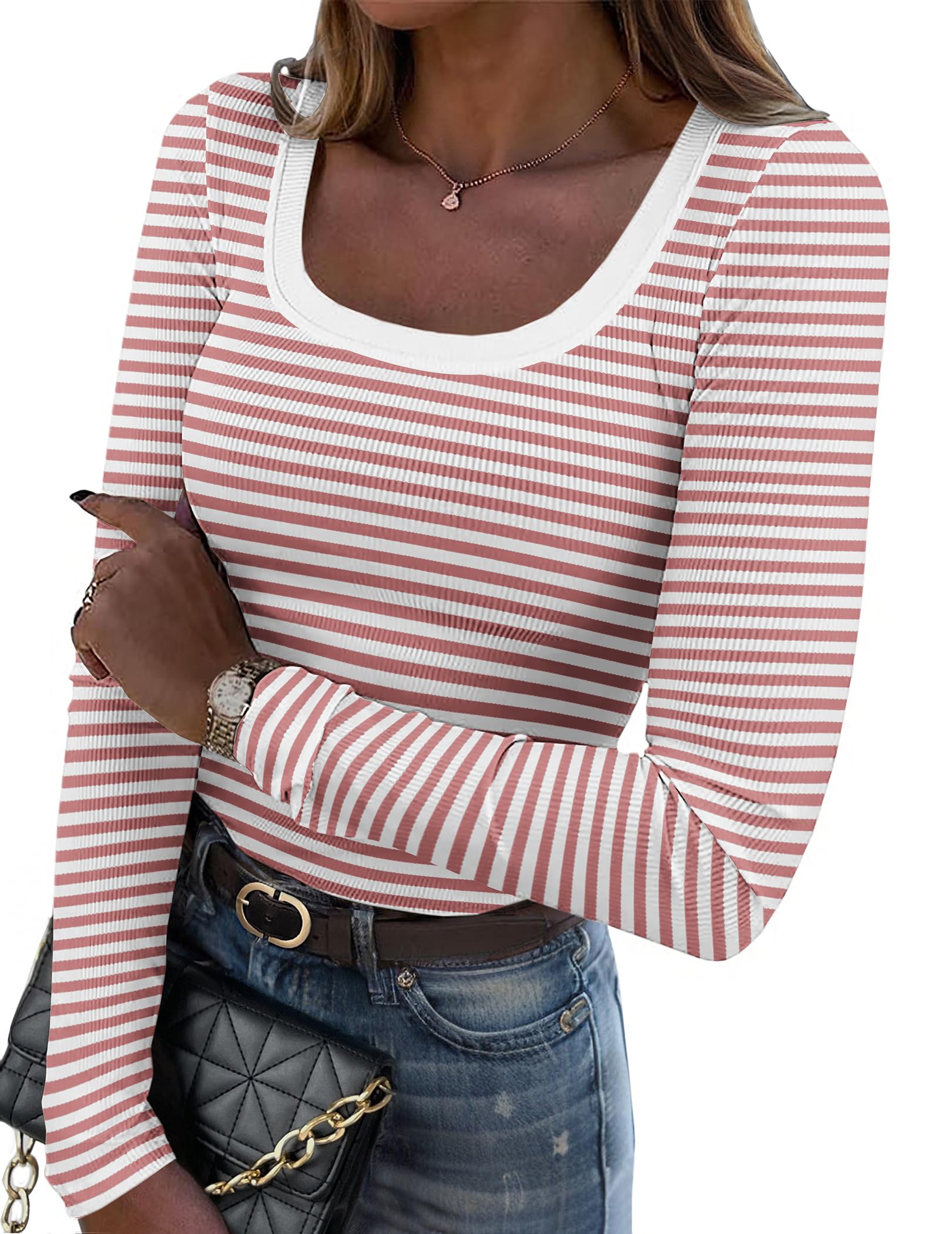 Zeagoo Women's Long Sleeve Scoop Neck Shirts Casual Slim Fit Rib Knit Tops Summer Fall Basic Business Work Tee